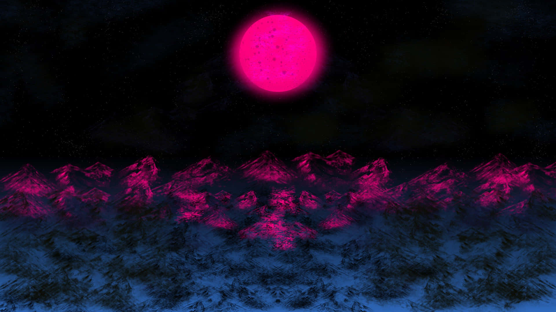 粉紅色月亮在星空下照亮積雪的山峰。