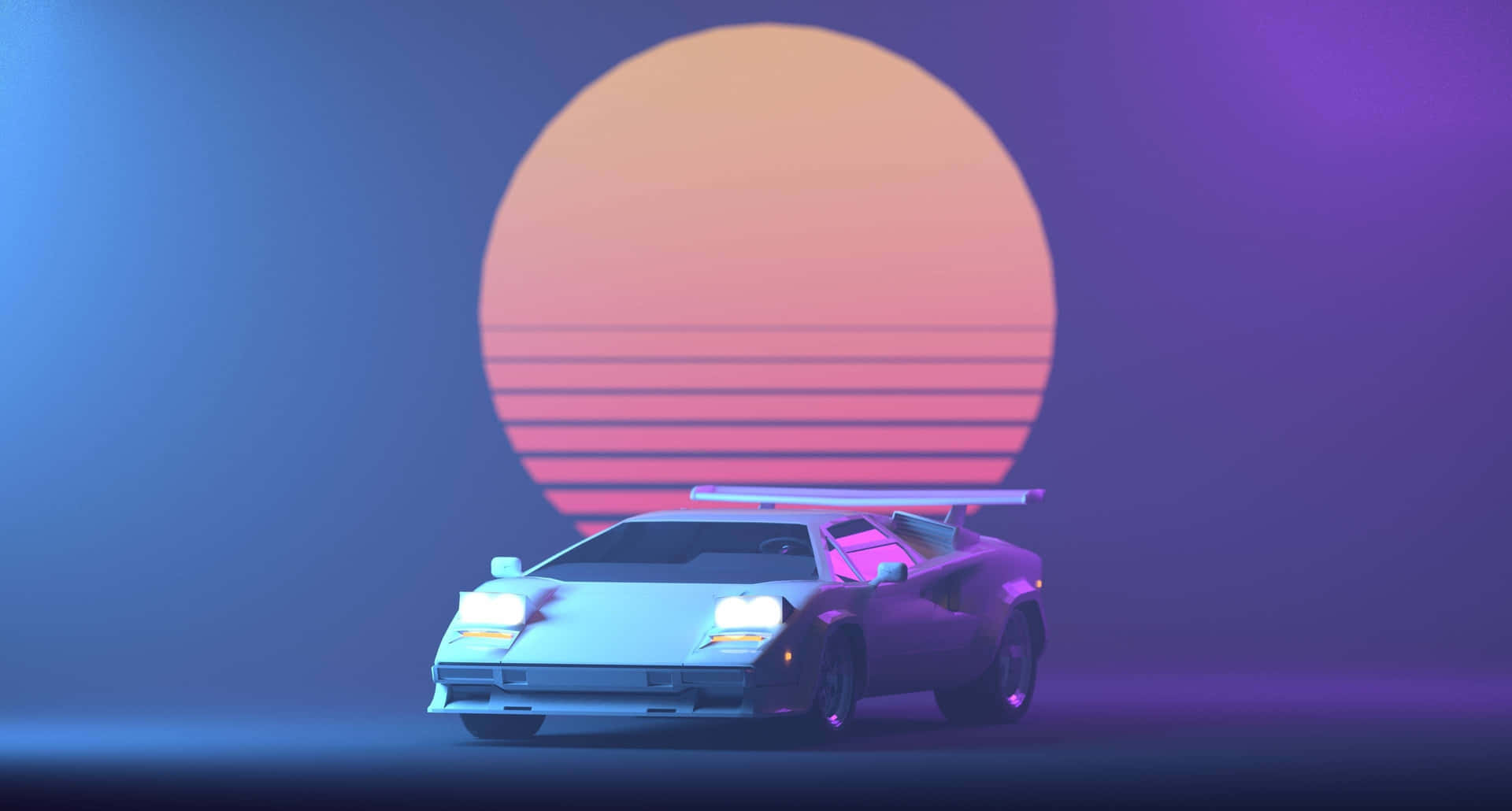 未來主義跑車在帶有水平條紋的發光霓虹日落之下。