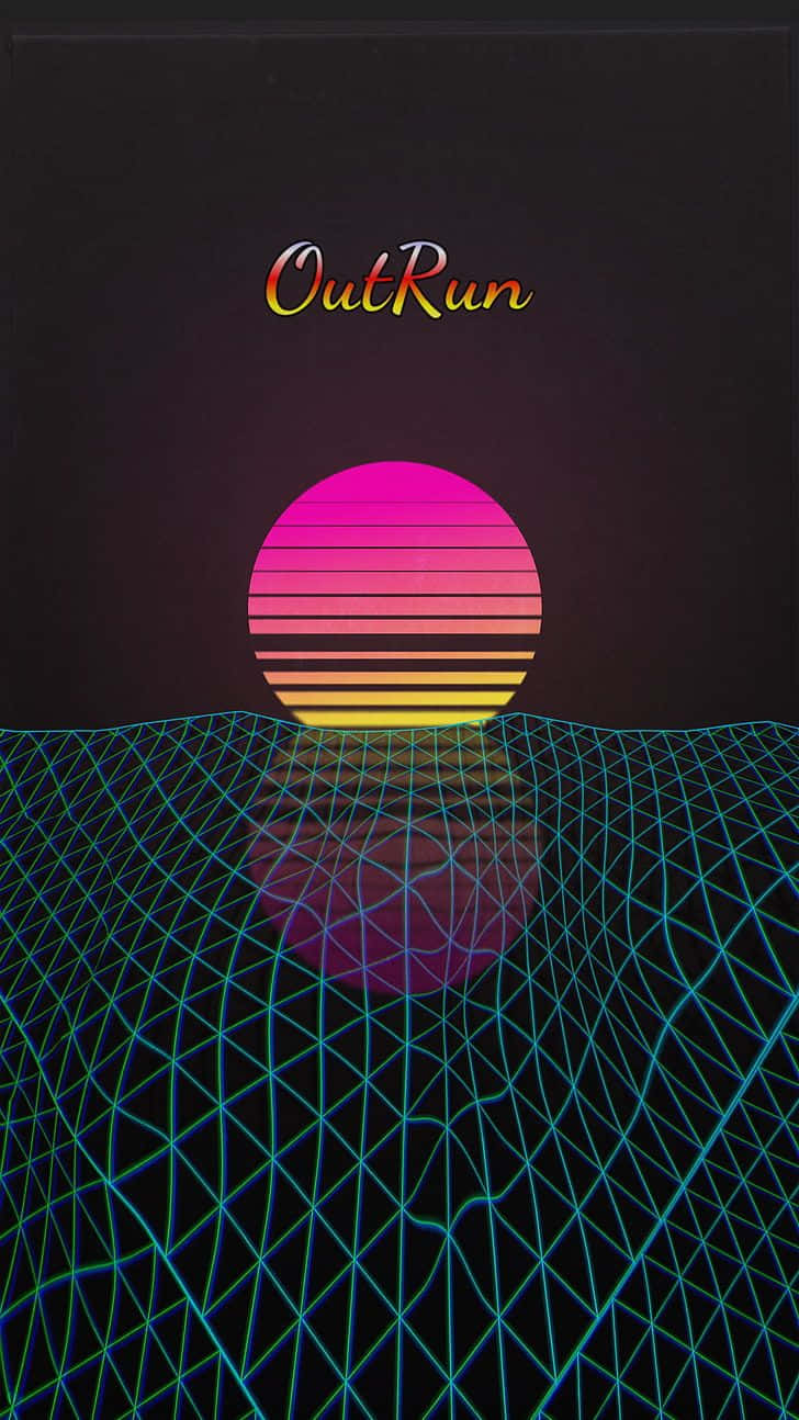 復古電子遊戲標題 OutRun，帶有風格化的日落，背景是發光的網格景觀。