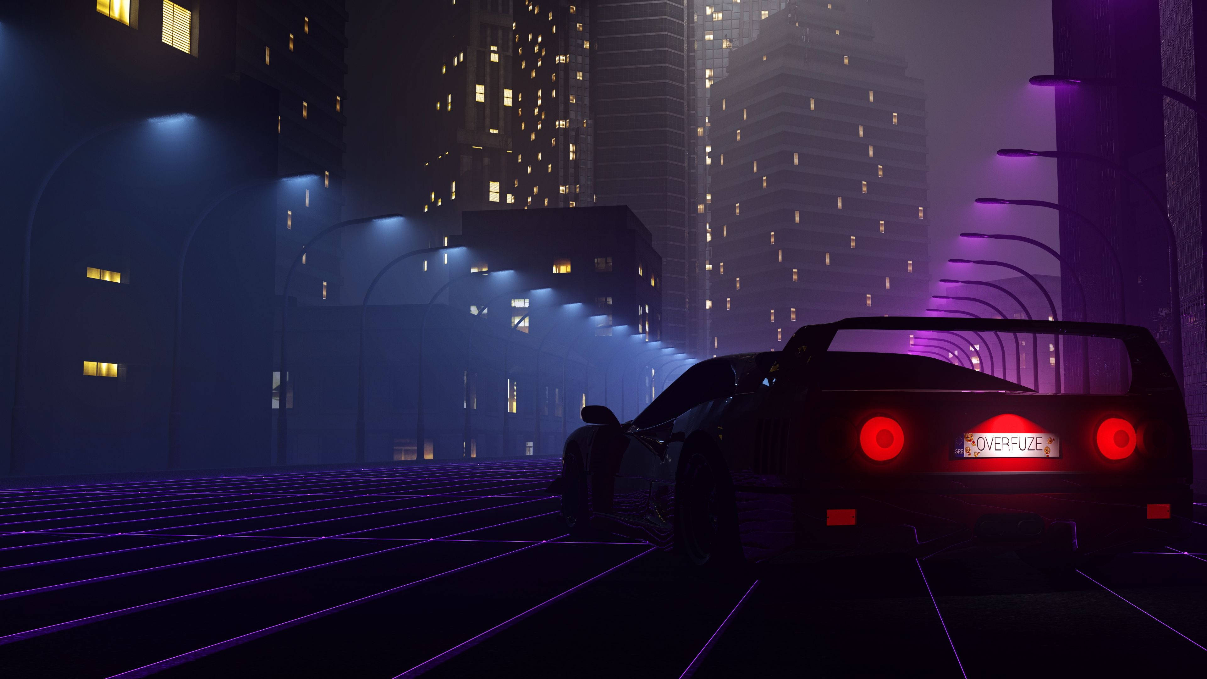Outrun 未來感遊戲畫面 壁紙 — 一輛時尚的黑色跑車，帶有發光的紅色尾燈，停在未來城市景觀中霧氣瀰漫的夜空下，一條霓虹燈照亮的網格街道上。