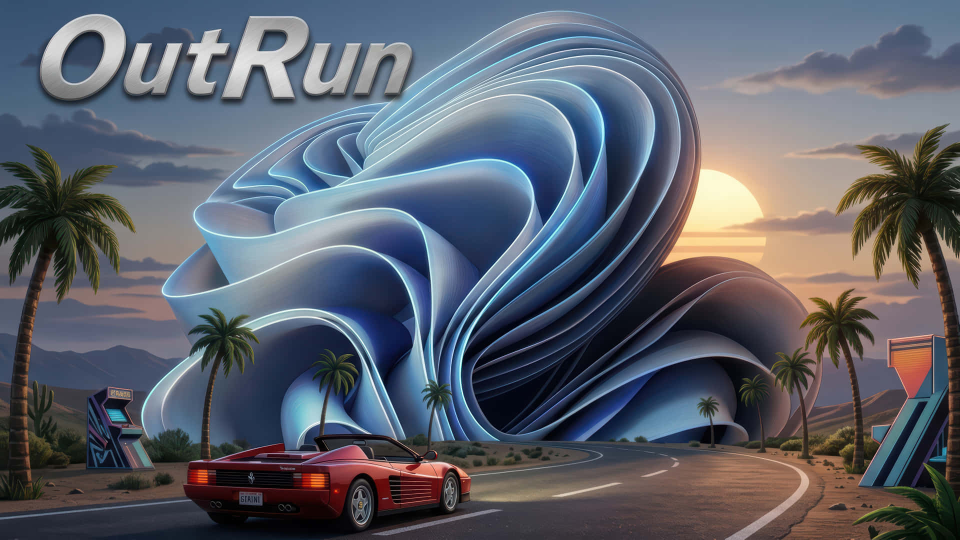 Outrun 光暈模組化桌面壁紙增強版 壁紙 — 一輛紅色開篷車駛向一個巨大的發光藍色波浪雕塑，背景是棕櫚樹環繞的日落天空。