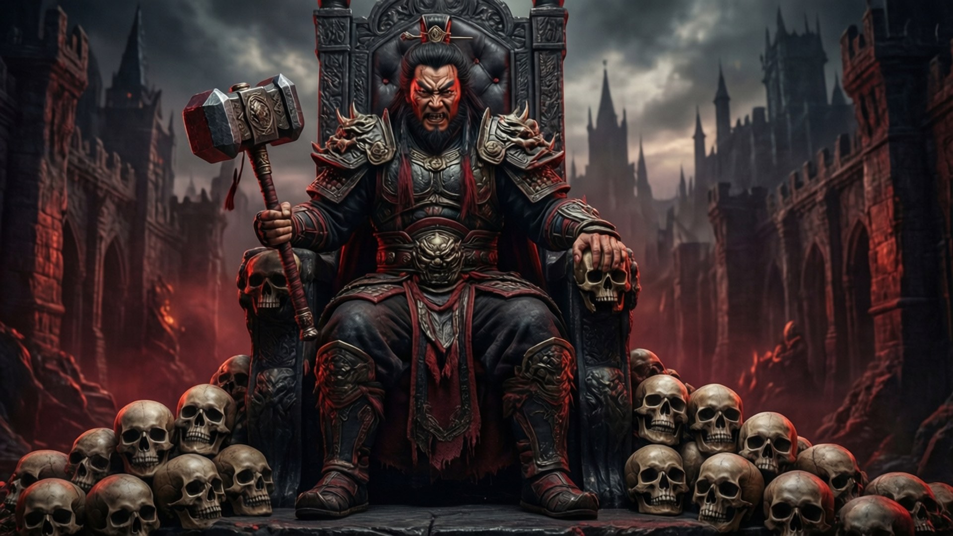 Outworld 皇帝 壁紙 — 一個身穿華麗盔甲的可怕惡魔軍閥坐在哥德式城堡中，被頭骨環繞的王座上，天空風暴肆虐。