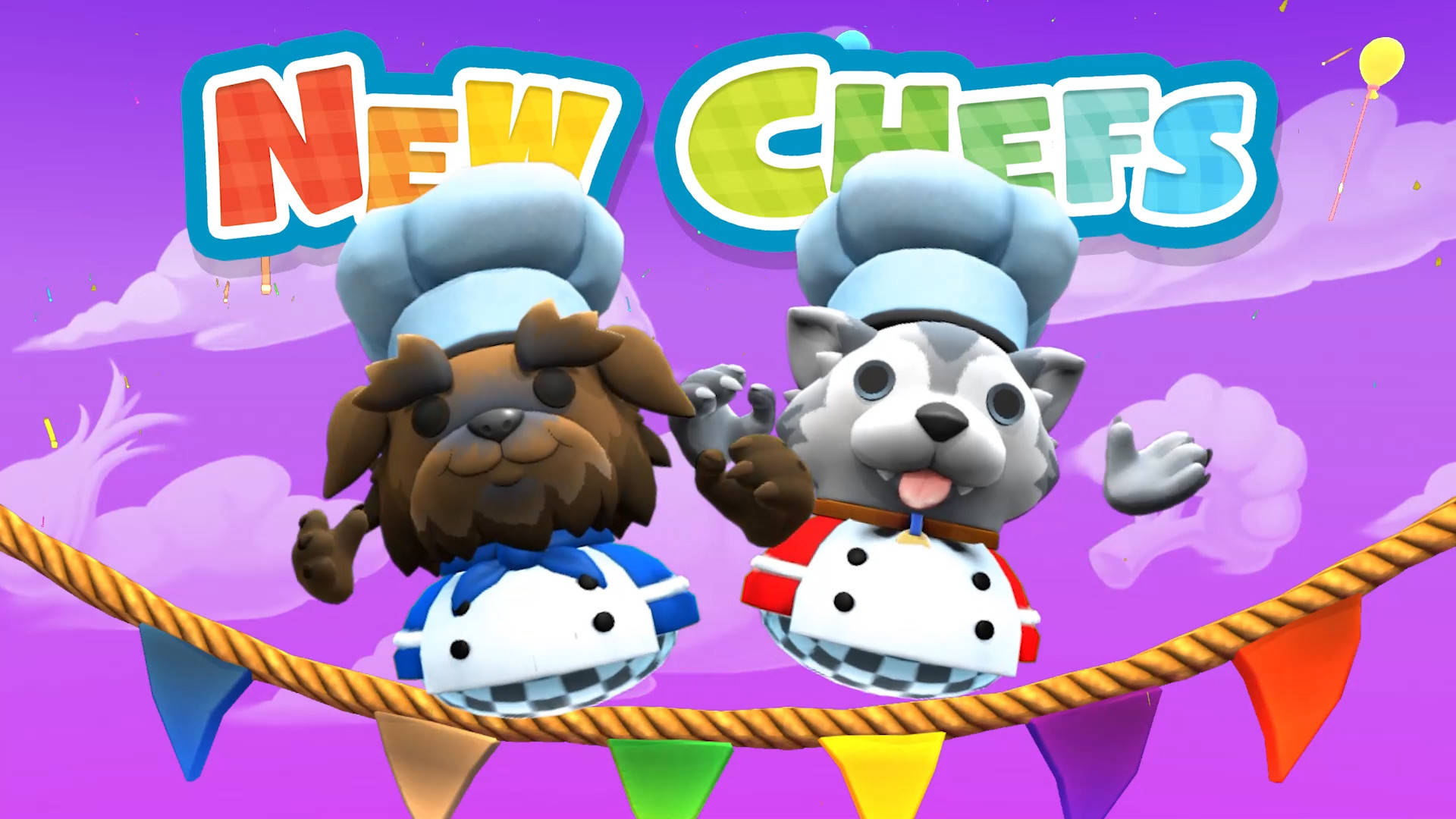《Overcooked 2》新廚師：可愛的狗與哈士奇 壁紙 — 兩隻戴著廚師帽的快樂卡通狗在紫色天空下於繩索上保持平衡，周圍有節日橫幅。