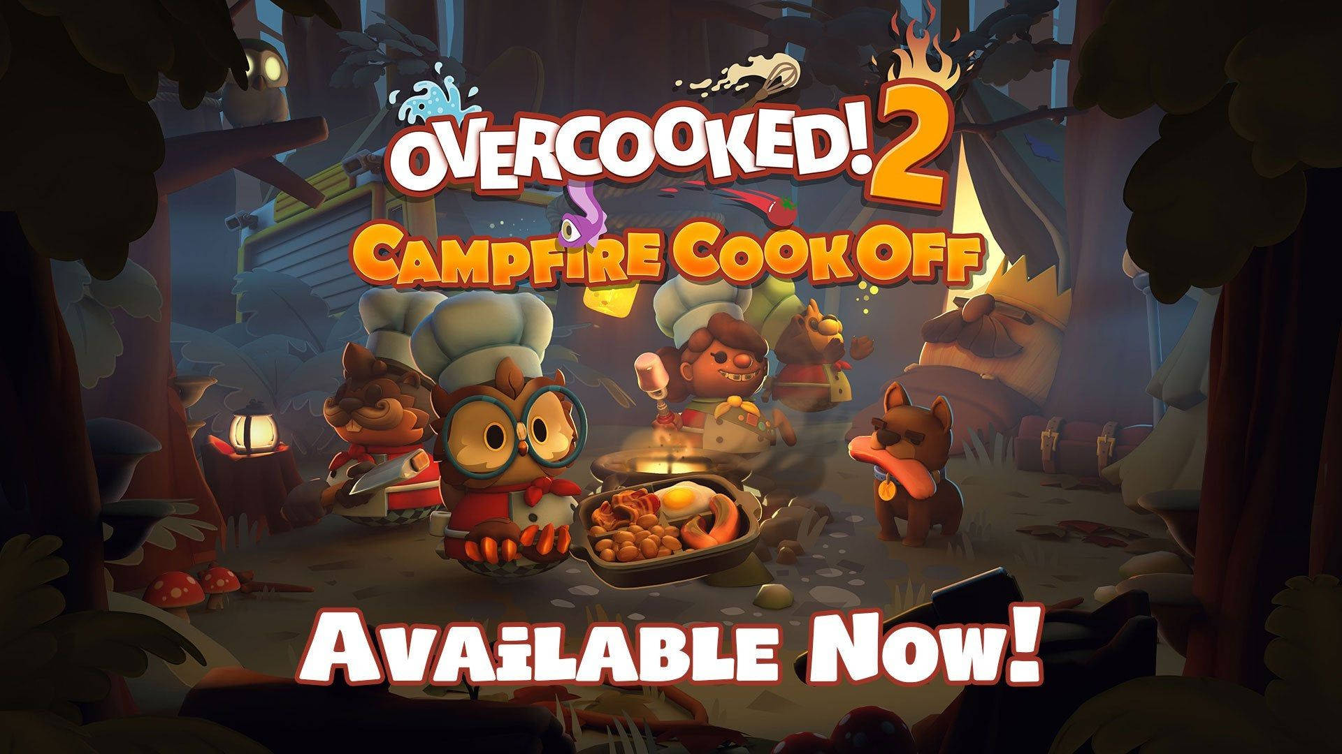 Overcooked 2：篝火烹飪大賽 壁紙 — 卡通廚師在混亂的營火廚房裡，在黑暗的森林樹冠下匆忙烹飪食物。
