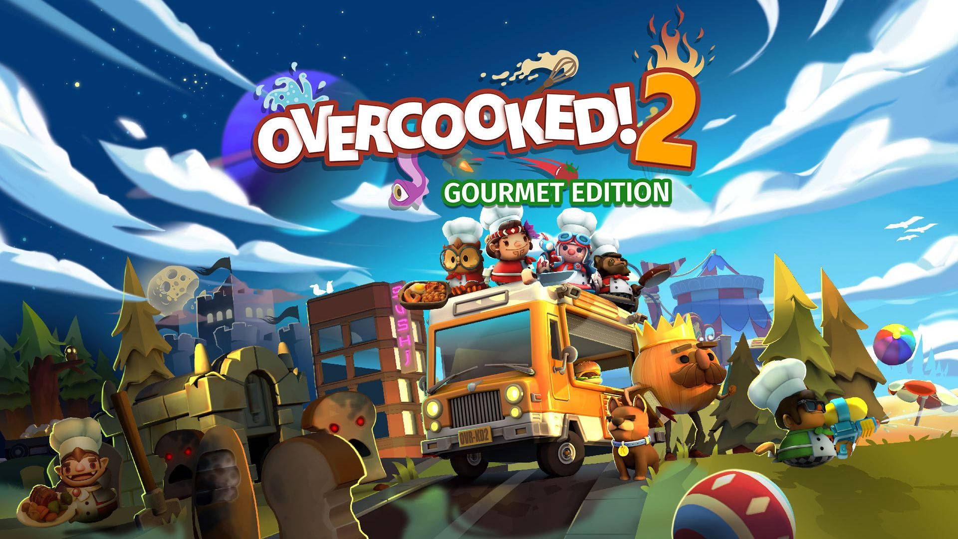 Overcooked 2：精緻版 壁紙 — 一個充滿活力的卡通遊戲場景，廚師們駕駛著美食車穿越星夜下奇幻的風景。