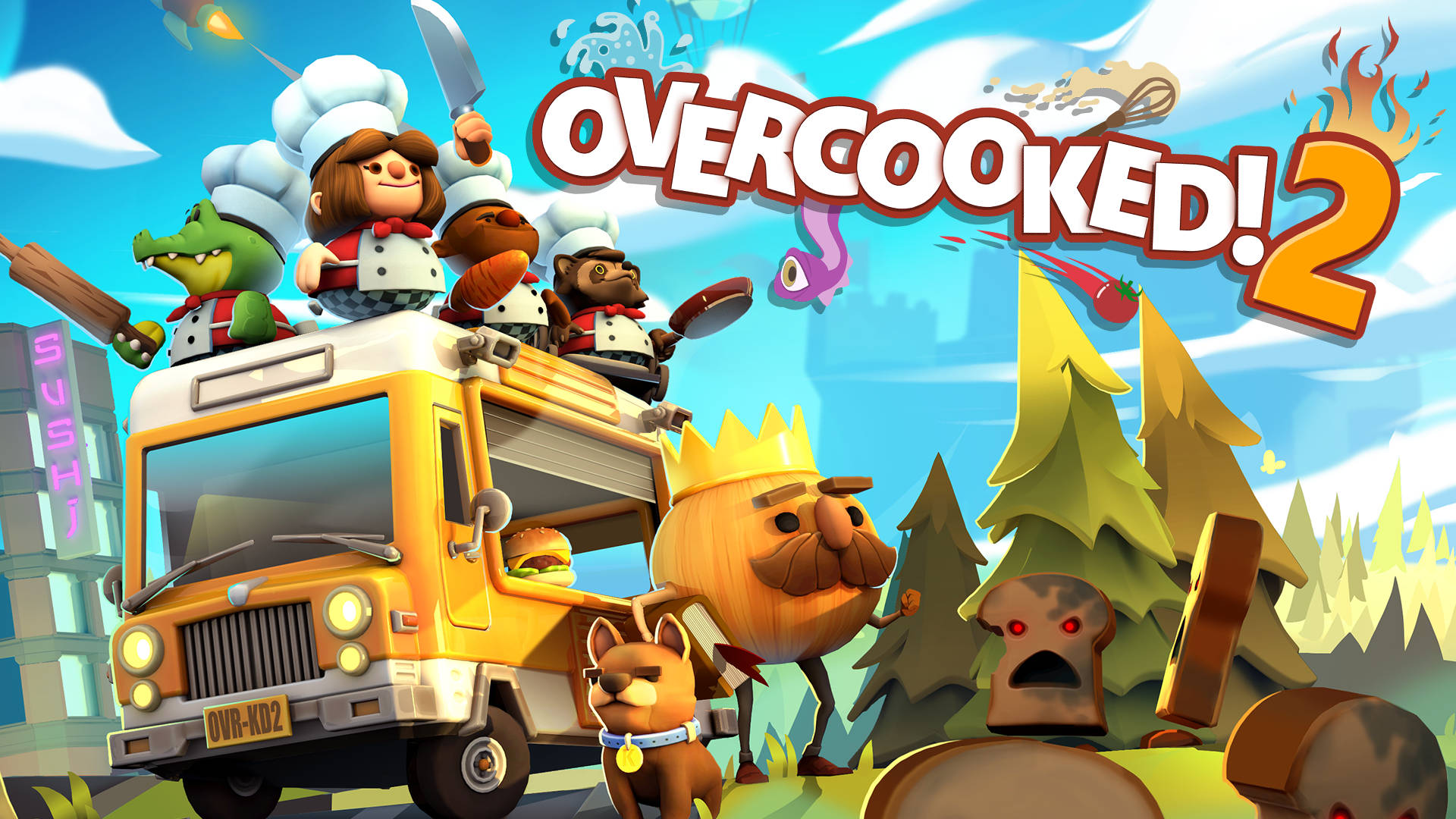 《Overcooked 2》遊戲封面 壁紙 — 卡通廚師和食物怪物在充滿活力的遊戲場景中追逐混亂，背景是黃色食物車和森林。