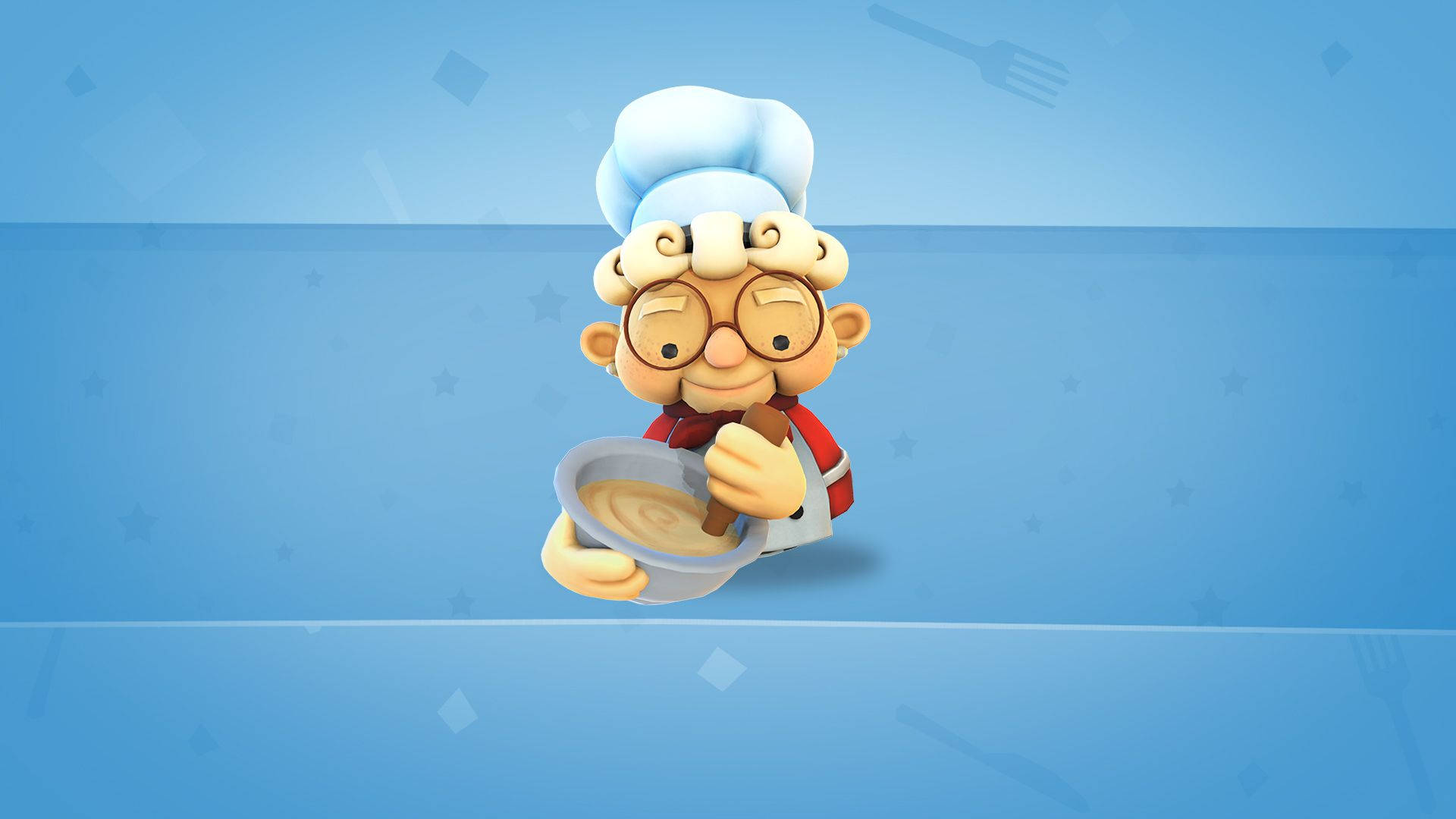 Overcooked：奶奶廚師 壁紙 — 一位戴眼鏡、戴白帽的開心卡通廚師，在帶有微妙叉子和星星圖案的柔和藍色背景前，捧著一碗奶油湯。