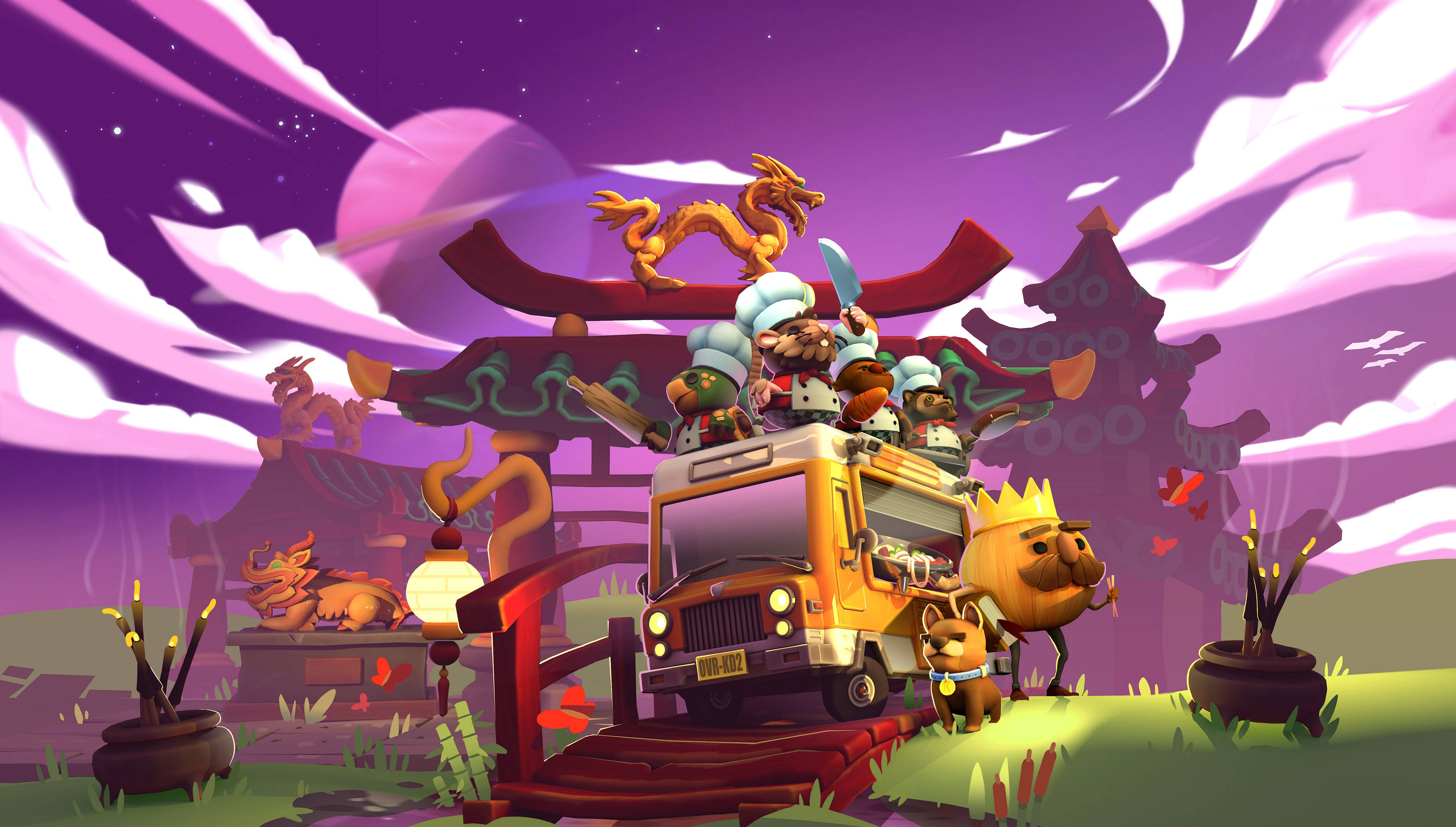 Overcooked：任天堂Switch無限暢吃 壁紙 — 一輛奇特的卡通餐車，頂上有廚師和一條龍，在紫色暮色天空下靠近神社行駛。