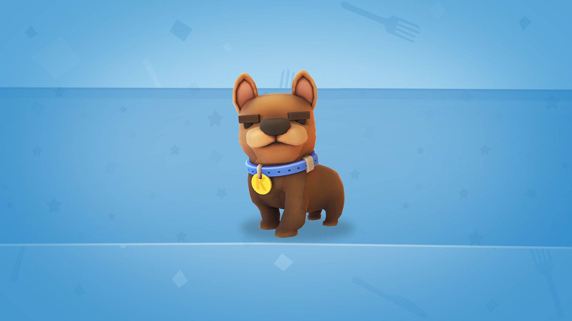 Overcooked：凱文狗 壁紙 — 一隻卡通風格的棕色狗，戴著太陽眼鏡和藍色項圈，自信地站在帶有微弱星星和叉子圖案的漸變藍色背景前。