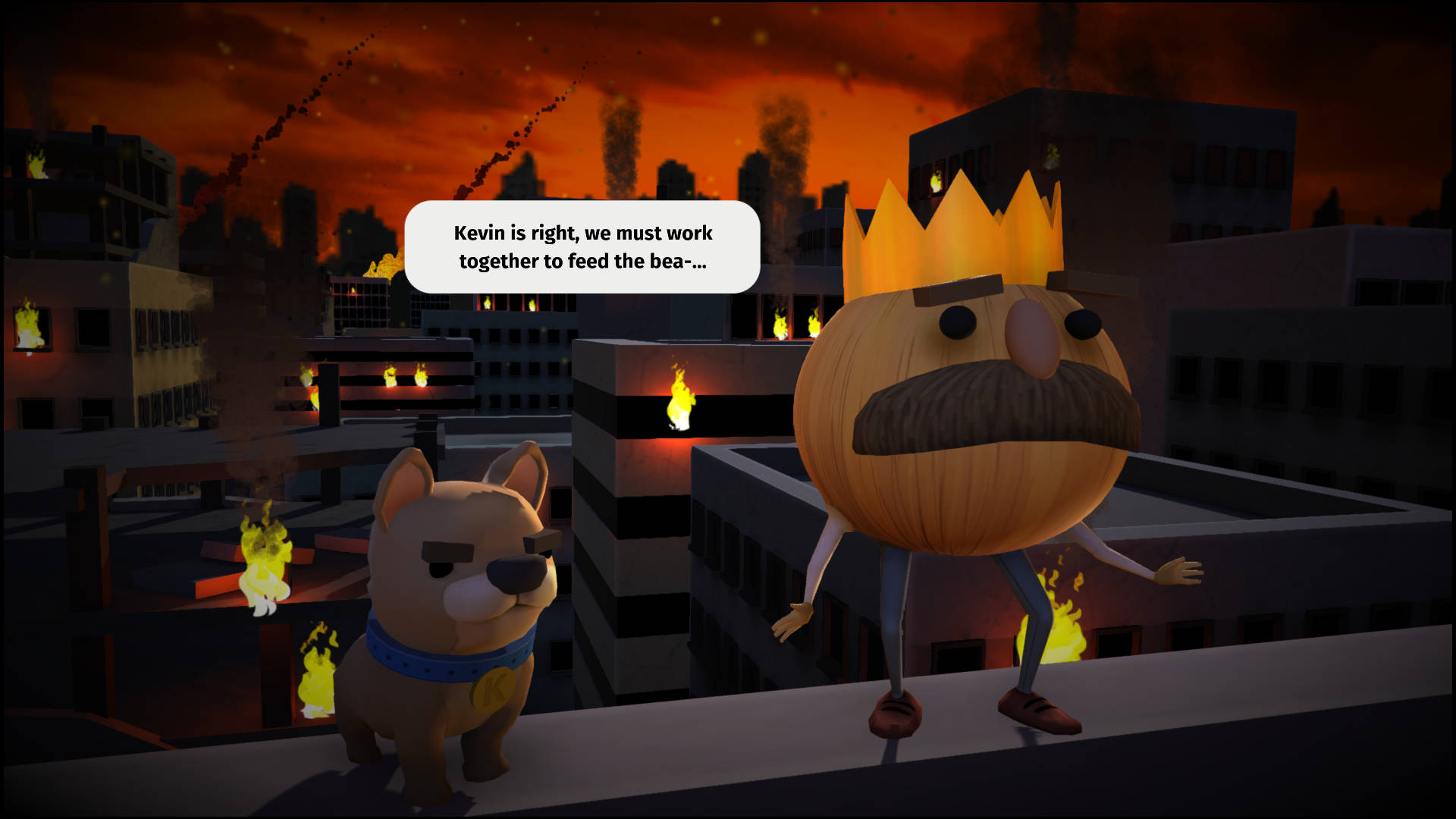Overcooked：凱文與洋蔥王 壁紙 — 一個卡通風格、戴著鬍子和皇冠的南瓜頭國王，與一隻狗站在屋頂上，背景是橙色天空下燃燒的城市。