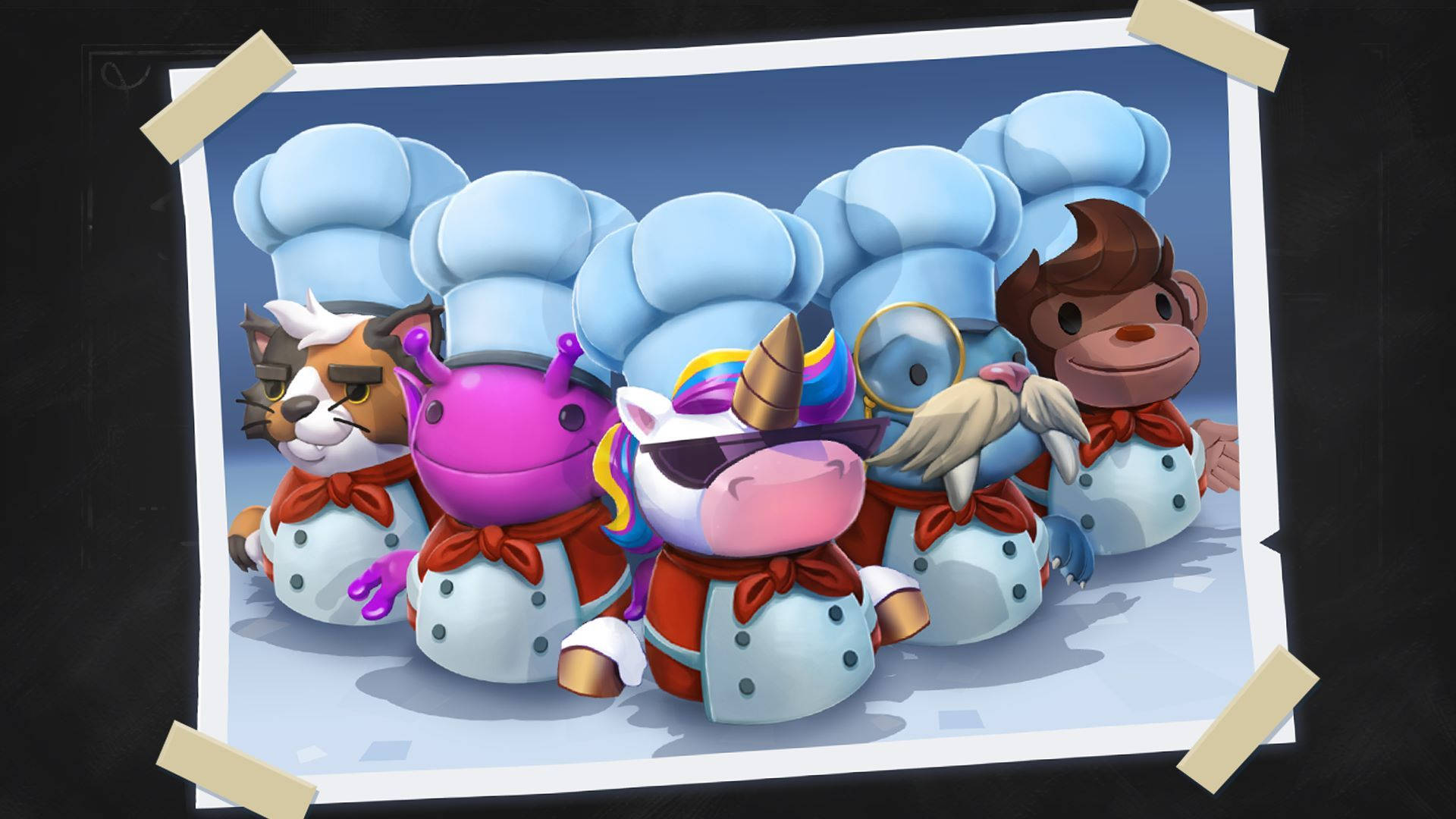 Overcooked：太多廚師 壁紙 — 一群歡樂的卡通廚師，包括貓、河馬和獨角獸，在明亮的廚房場景中一起擺姿勢。