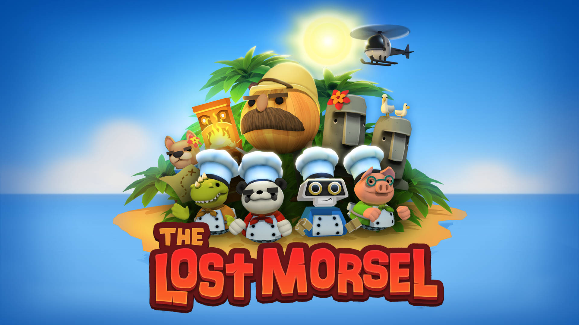 Overcooked：失落的美食 壁紙 — 卡通廚師和古怪角色站在一個熱帶島嶼上，頭頂有明亮的太陽和一架直升機飛過。