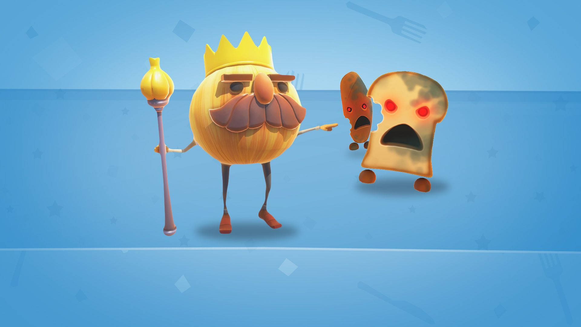 Overcooked：洋蔥王 壁紙 — 一個卡通洋蔥國王戴著皇冠拿著權杖，在藍色背景前對峙一個驚恐的吐司角色，後者有發光的紅眼睛。