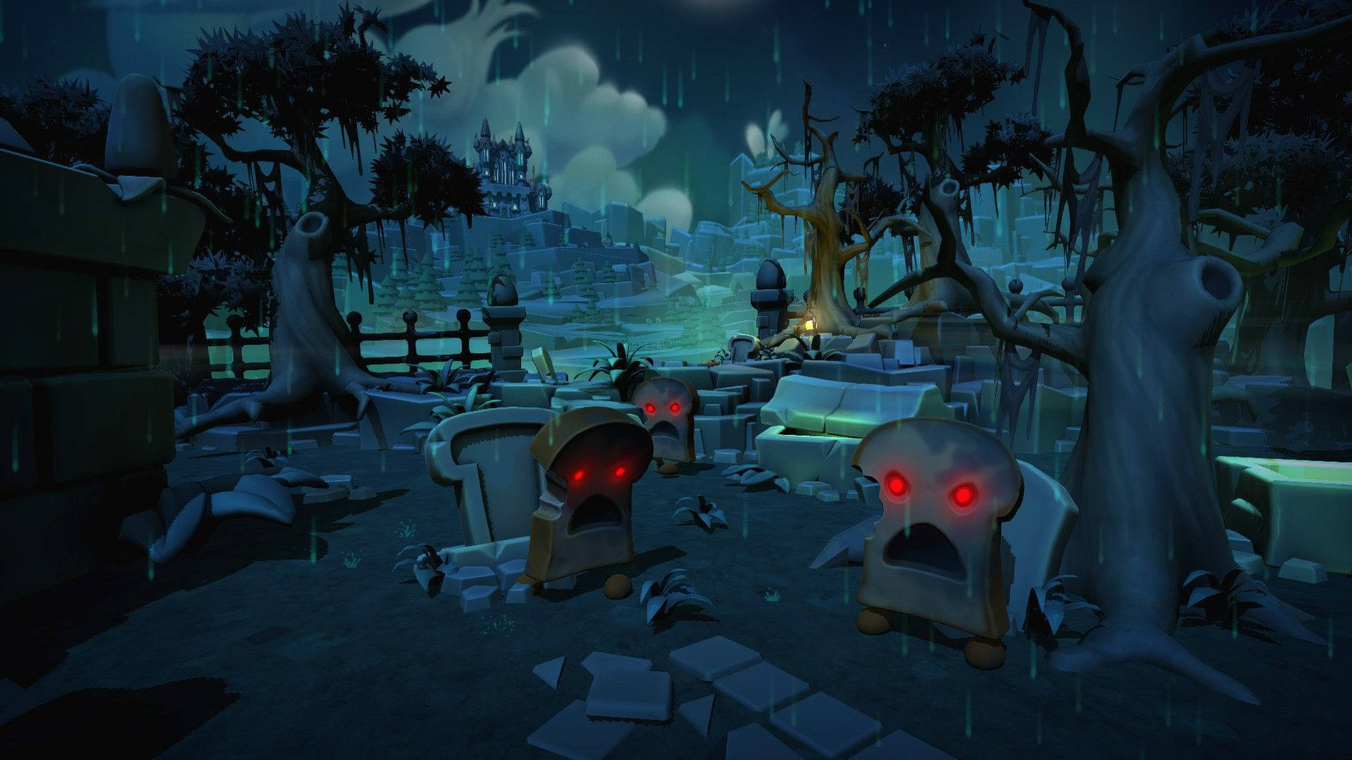 Overcooked：麵包怪 壁紙 — 雨夜中，陰森的墓地裡，破碎的墓碑和扭曲的樹木間，有發著紅光的鬼魂麵包人形。