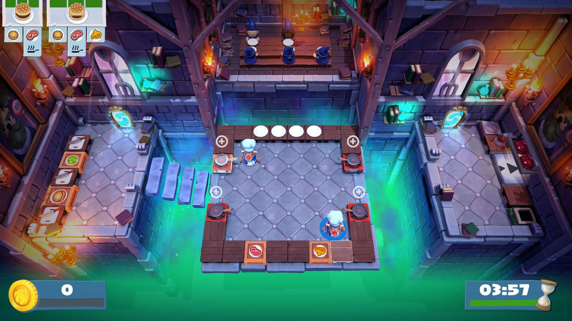 Overcooked浮石關卡 壁紙 — 俯瞰一個充滿活力的卡通廚房，廚師在發光的燈光下烹飪，計時器正在倒數。
