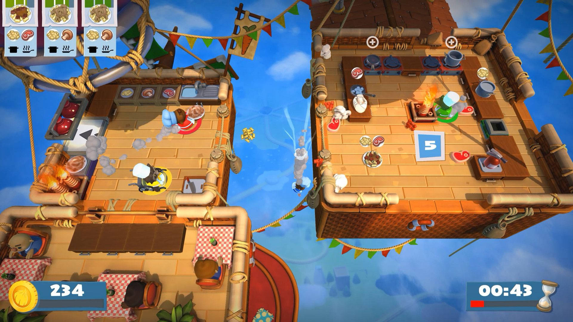 Overcooked熱氣球關卡 壁紙 — 從上方俯瞰兩個漂浮海盜船廚房，在一個充滿活力的3D渲染烹飪遊戲中，有廚師和食物物品。
