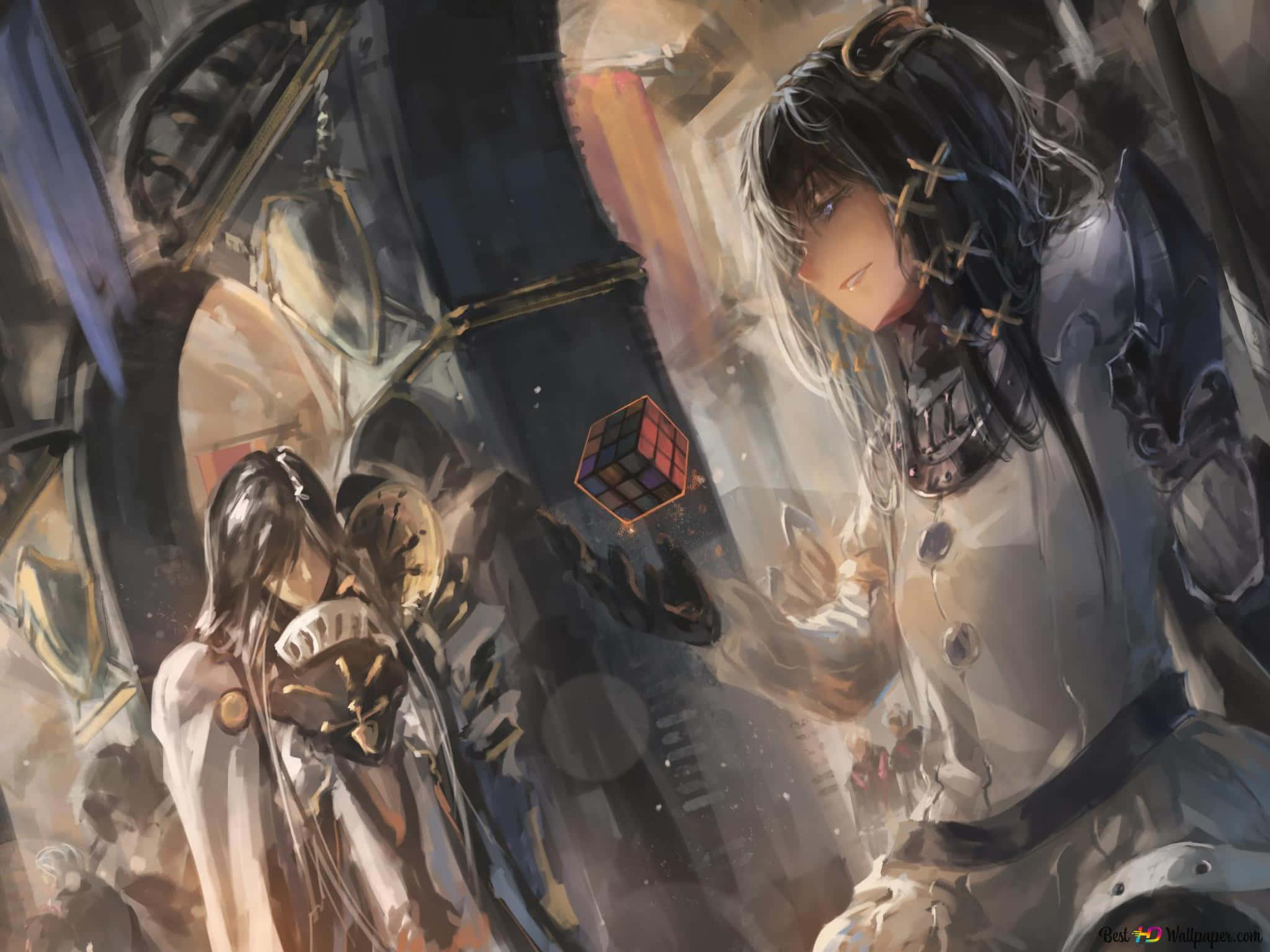 Overlord 紫色魔術師圖 壁紙 — 兩個動漫角色在一個粗糙的工業環境中凝視著一個漂浮的魔術方塊，伴隨著溫暖的環境光線。