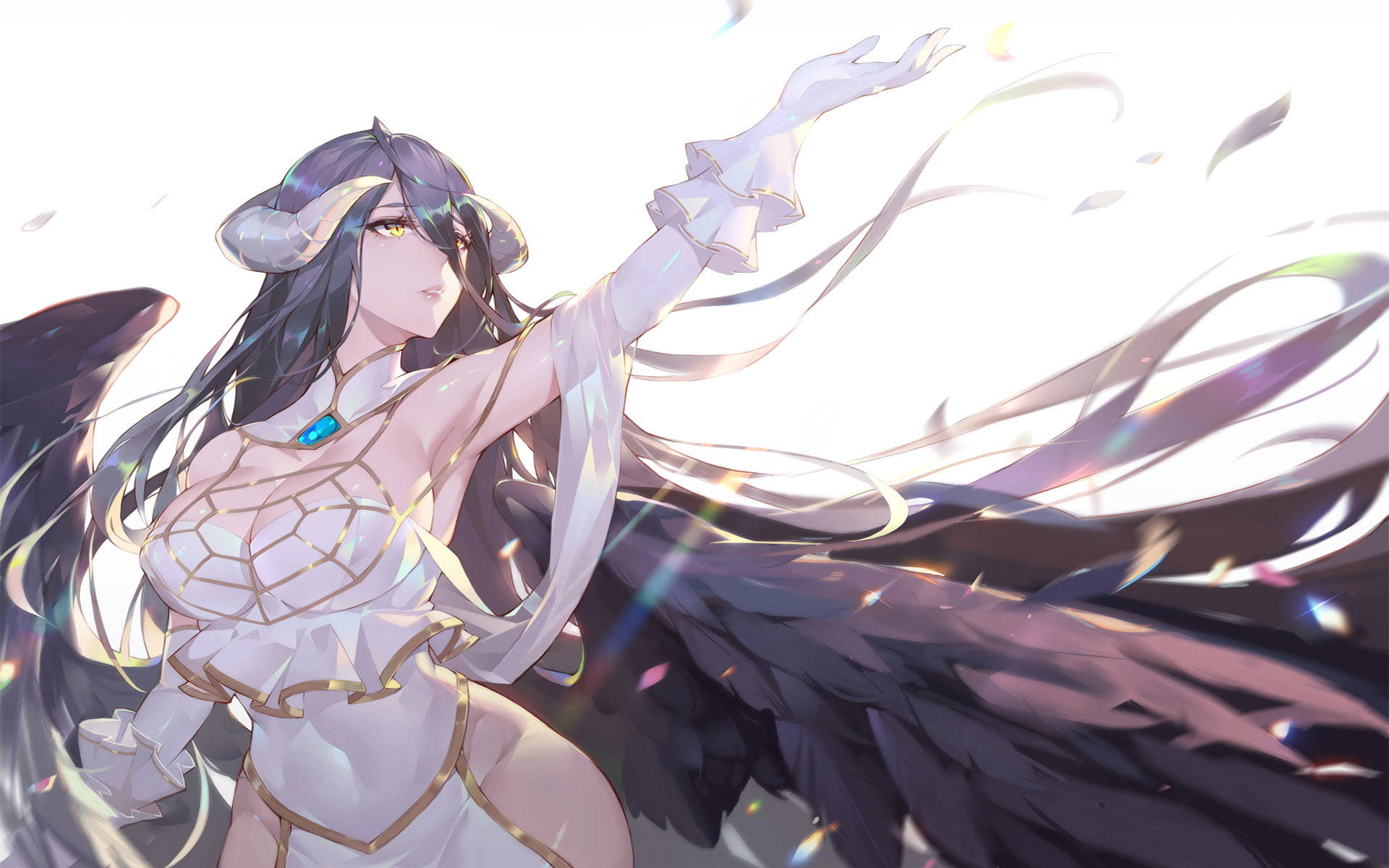 OVERLORD 阿爾貝多黑天使之翼 壁紙 — 一位擁有黑色翅膀和發光眼睛的動漫天使伸出手，光粒子在她白色長袍周圍旋轉。