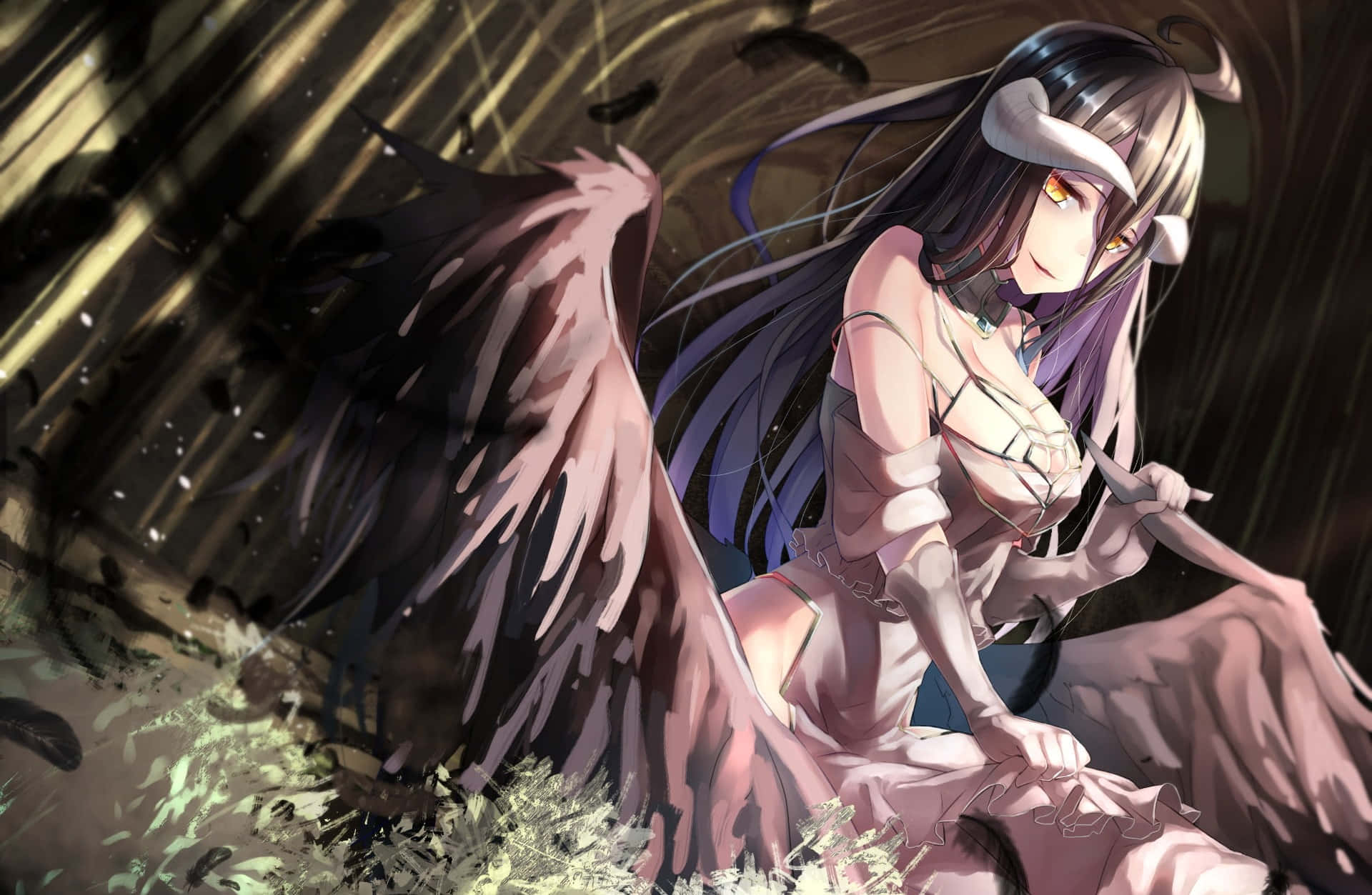 與《Overlord》一同探索強大的新世界 壁紙 — 一個深色頭髮的動漫女孩，擁有巨大的翅膀和發光的眼睛，坐在墜落的碎片中，場景戲劇性且陰暗。