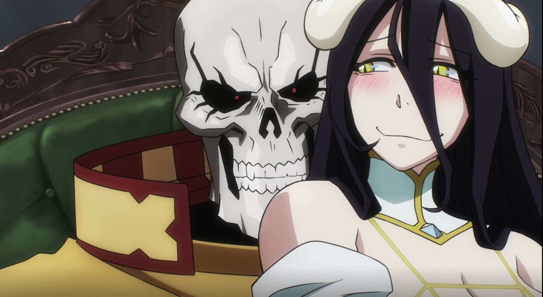 Overlord 主角們的面容圖像 壁紙 — 一個開心的動漫女孩，黑髮有角，坐在一張華麗的綠色沙發上，旁邊是一個帶有發光紅眼的可怕頭骨。
