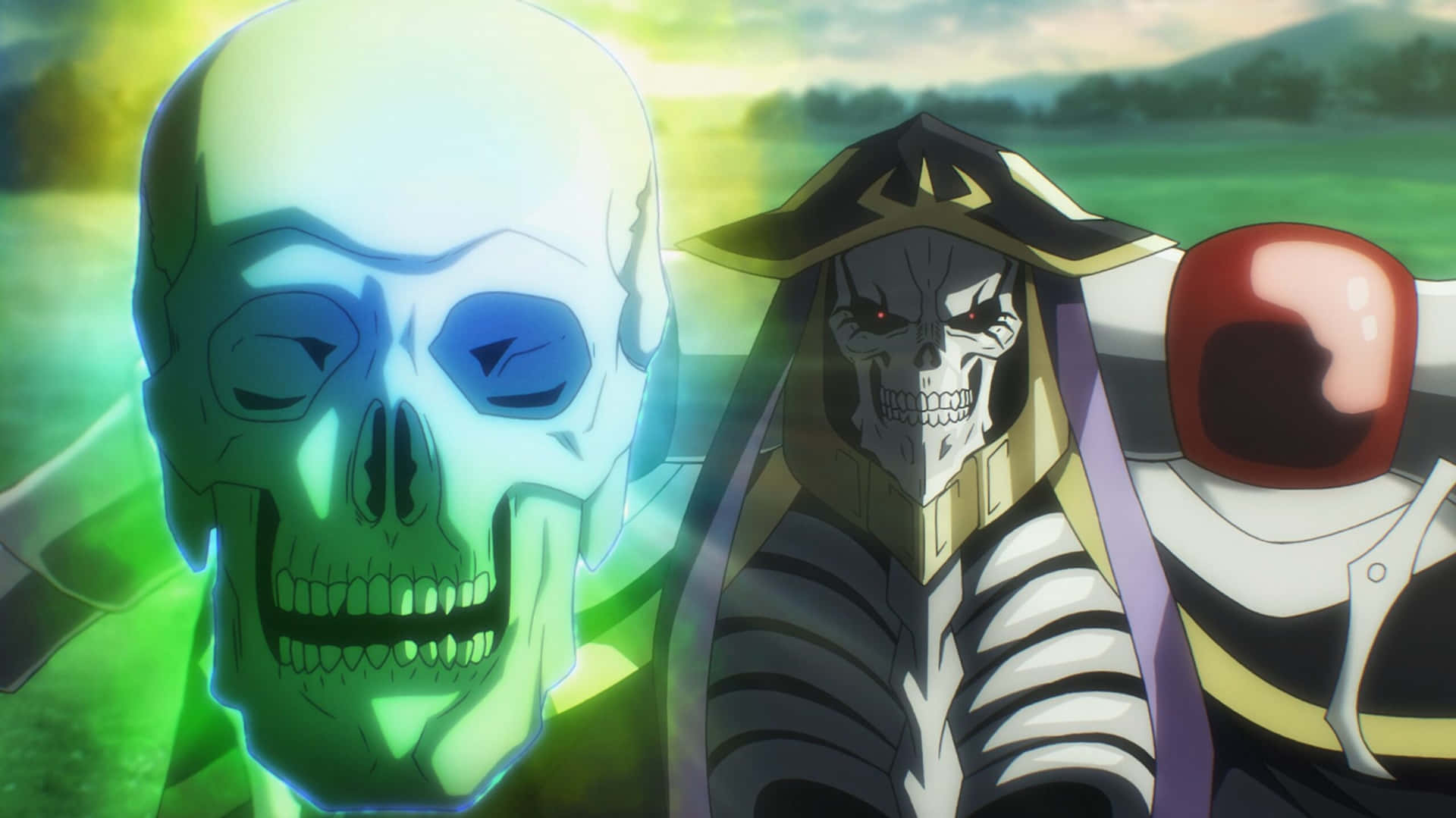 Overlord 元素骷髏圖像 壁紙 — 兩個發光眼睛的動漫骷髏站在朦朧天空下充滿活力的綠色田野中。