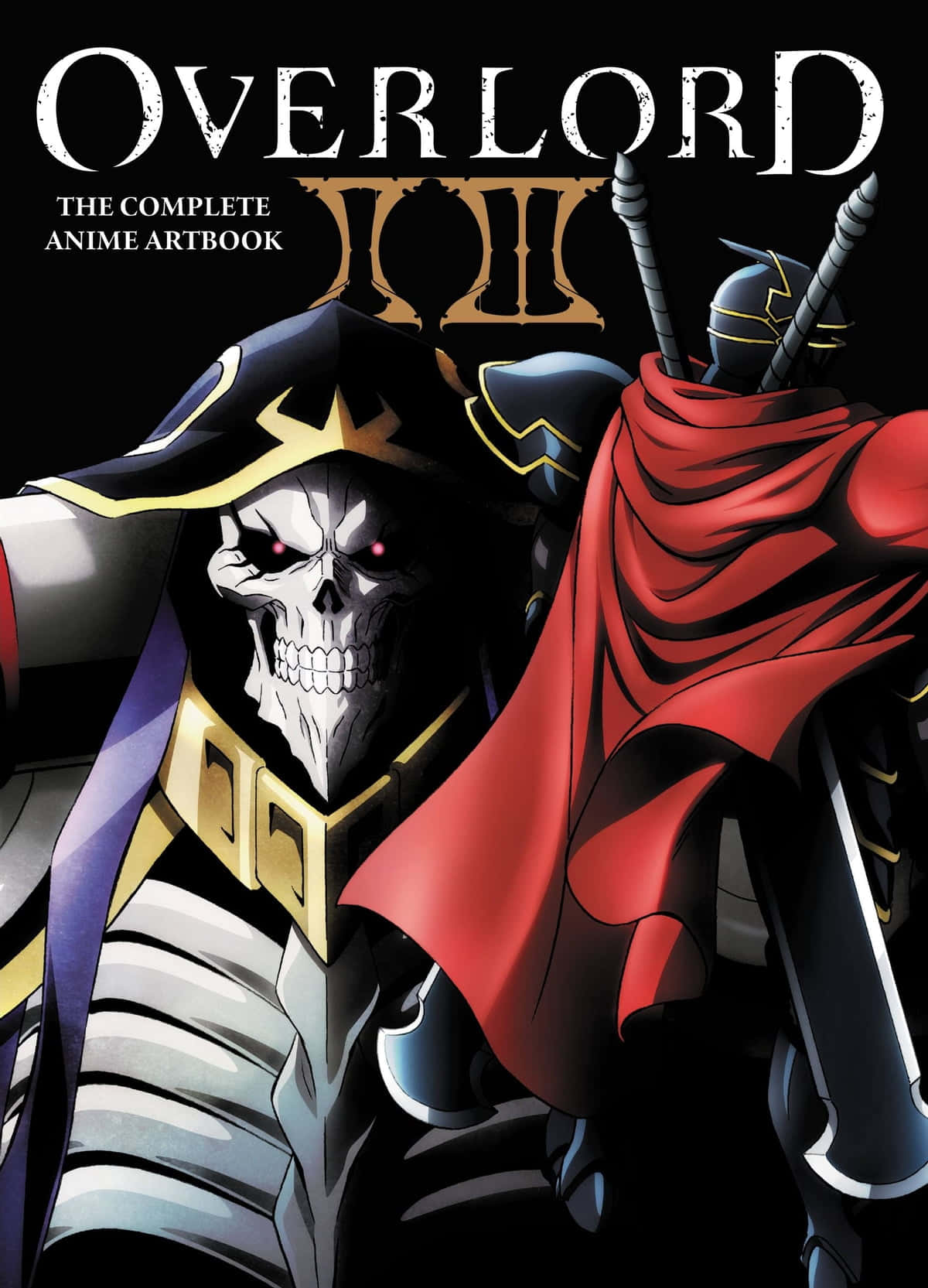 《Overlord》動畫藝術書封面 壁紙 — 一個穿著華麗盔甲和紅色斗篷的威脅性骷髏動漫角色，在黑色背景前閃爍著紅光眼睛。