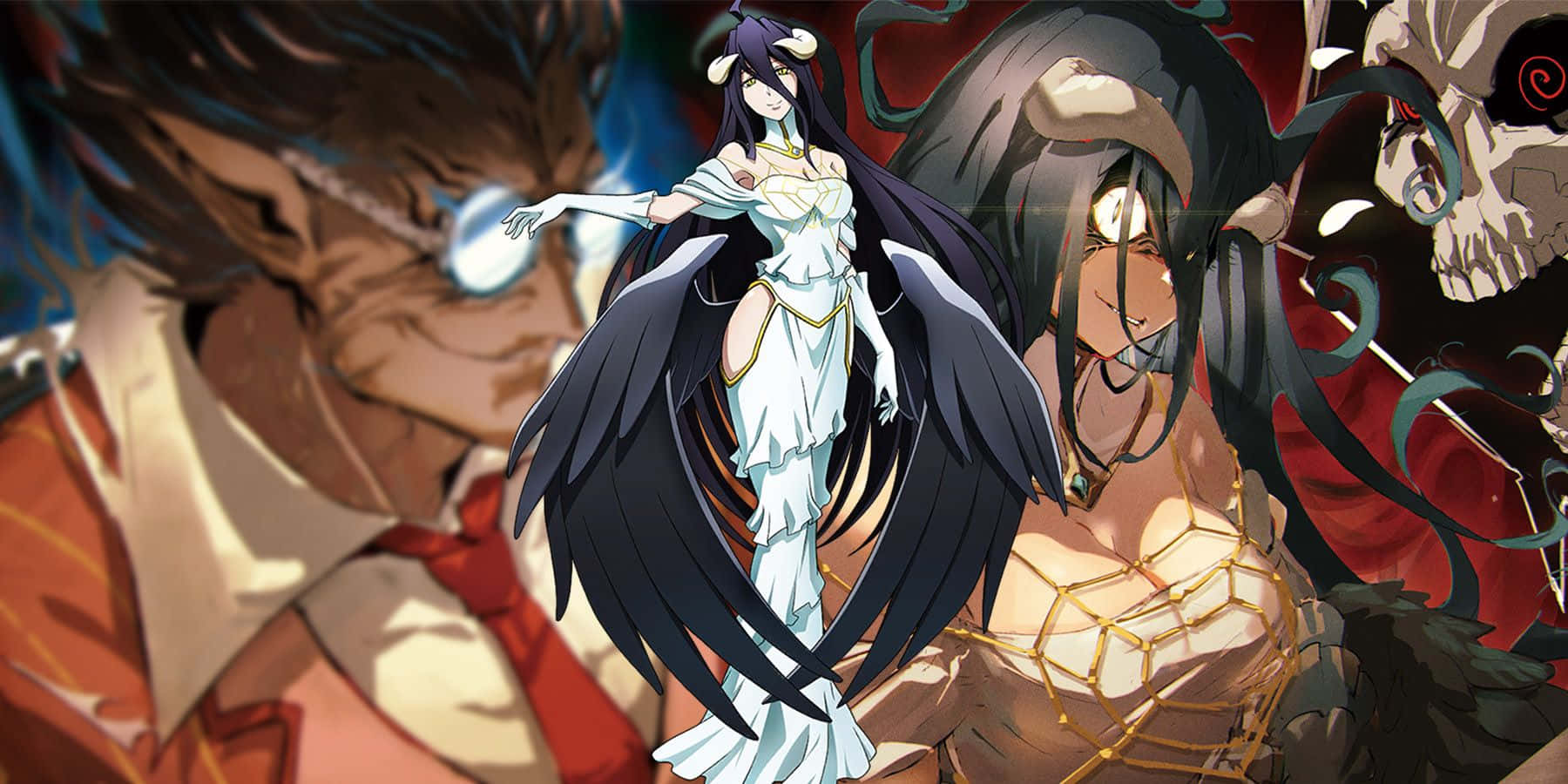 《Overlord》同人小說藝術圖像 壁紙 — 擁有黑色翅膀和發光眼睛的動漫角色，處於戲劇性的奇幻場景中。