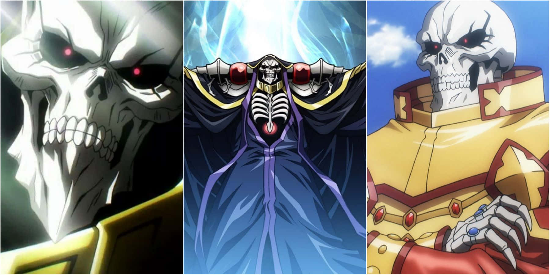 《Overlord》格子藝術圖像 壁紙 — 三個動漫骷髏角色，擁有發光的紅色眼睛和華麗的盔甲，在對比鮮明的背景前擺出戲劇性的姿勢。