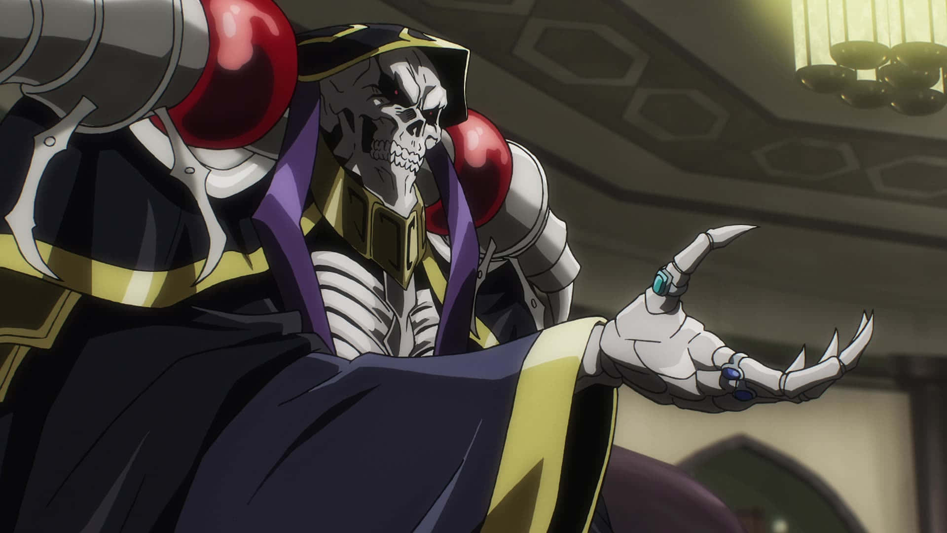 《Overlord》艾茲歐奧拉·高恩的鋒利手臂圖像 壁紙 — 一個骷髏動畫反派，身穿華麗盔甲和紫色斗篷，在燈光昏暗的豪華房間中做出威脅性的手勢。