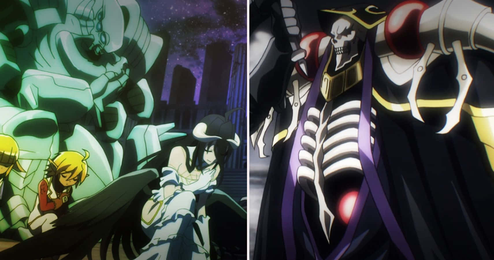 Overlord 角色向 Ainz Ooal Gown 致敬圖片 壁紙 — 動漫角色在星空下對抗一個巨大的發光怪物，而一個骷髏裝甲的身影潛伏在附近。