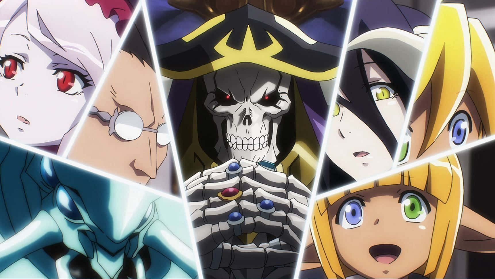 Overlord 角色海報圖像 壁紙 — 一幅充滿動感的動漫拼貼畫， featuring 六個不同的角色，表情生動，燈光戲劇化。