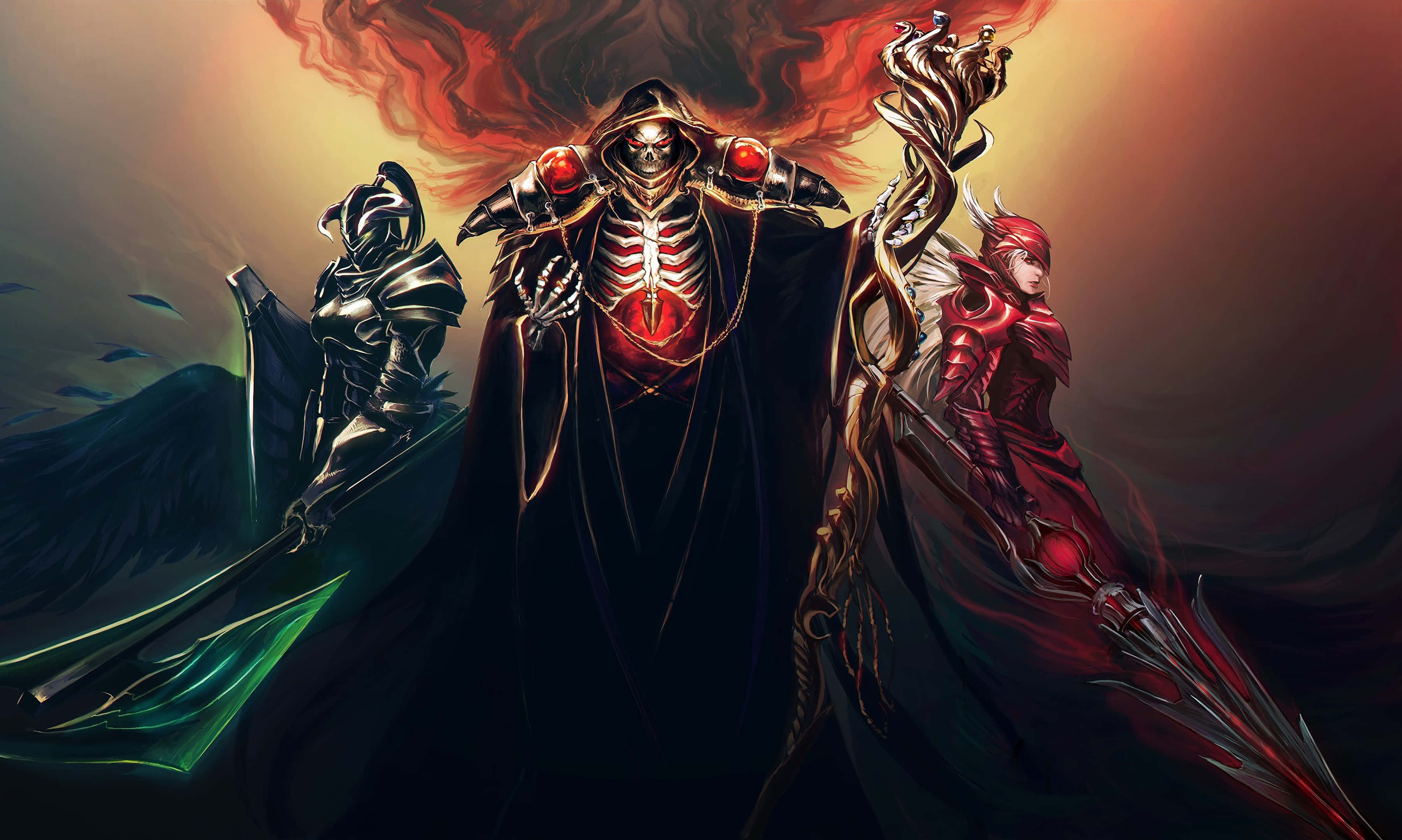 《Overlord》遊戲中的人類與骷髏族對峙 壁紙 — 一個骷髏黑暗領主，擁有發光的紅色眼睛和飄逸的黑色斗篷，兩側是兩名身穿鎧甲的戰士，手持發光武器，背景是火熱的。