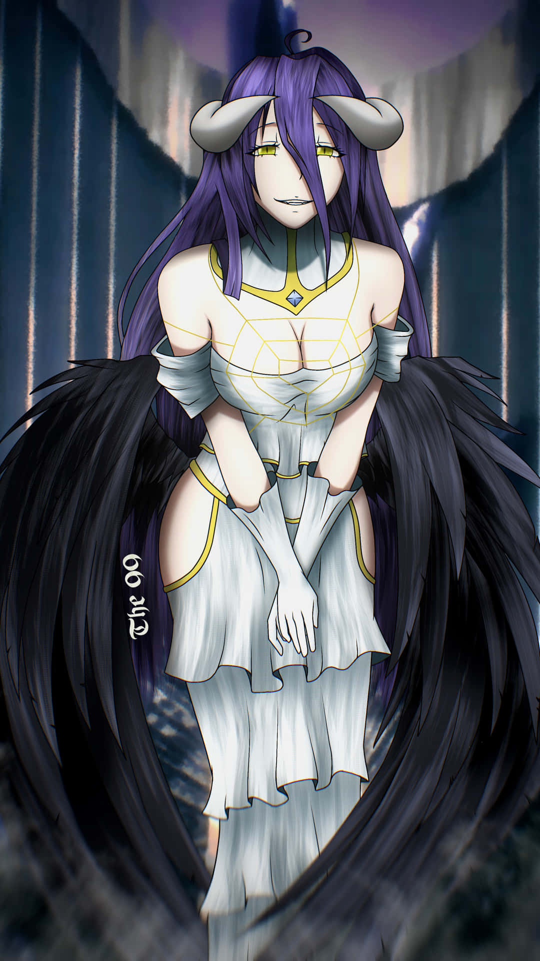 Overlord 阿爾貝多動畫同人圖 壁紙 — 一個紫髮、有角、黑翼的動漫女孩，站在一個黑暗、風格化的洞穴般環境中。