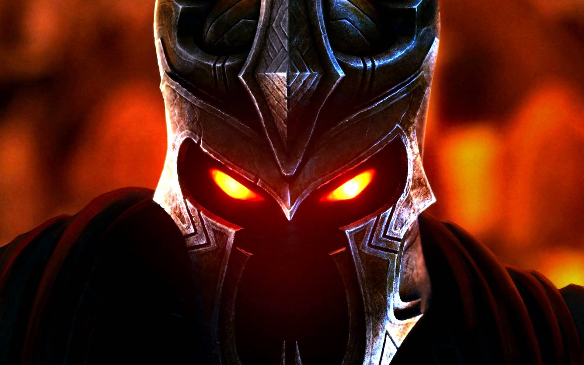 Overlord 頭部死亡騎士 壁紙 — 一個身穿盔甲的威嚇戰士，雙眼發出紅光，在熾熱的橙色背景下凝視著。