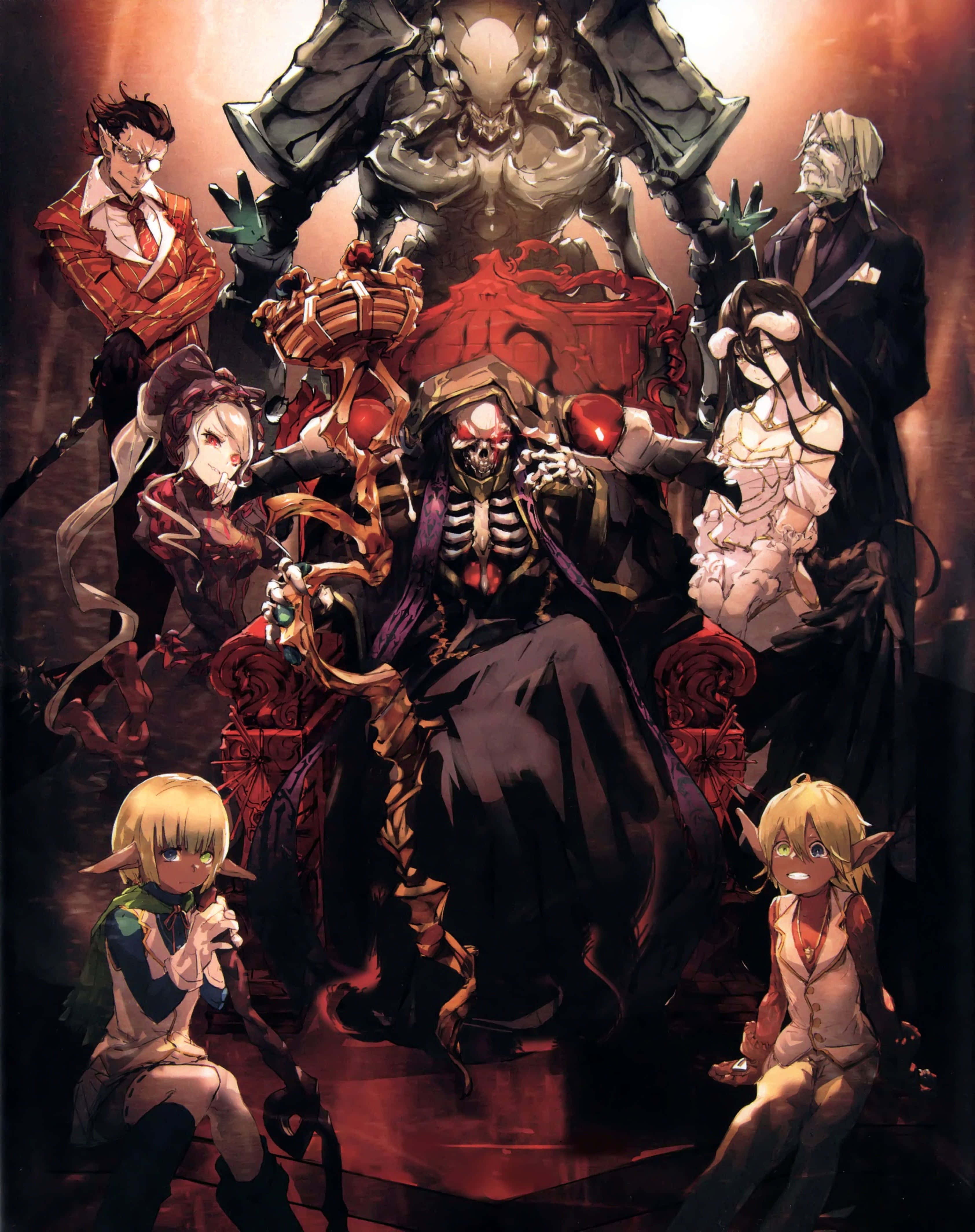 Overlord - 黑暗之主 壁紙 — 一個戲劇性的動漫場景，一個骷髏人物坐在王座上，被各種角色包圍在一個暗紅色照明的房間裡。