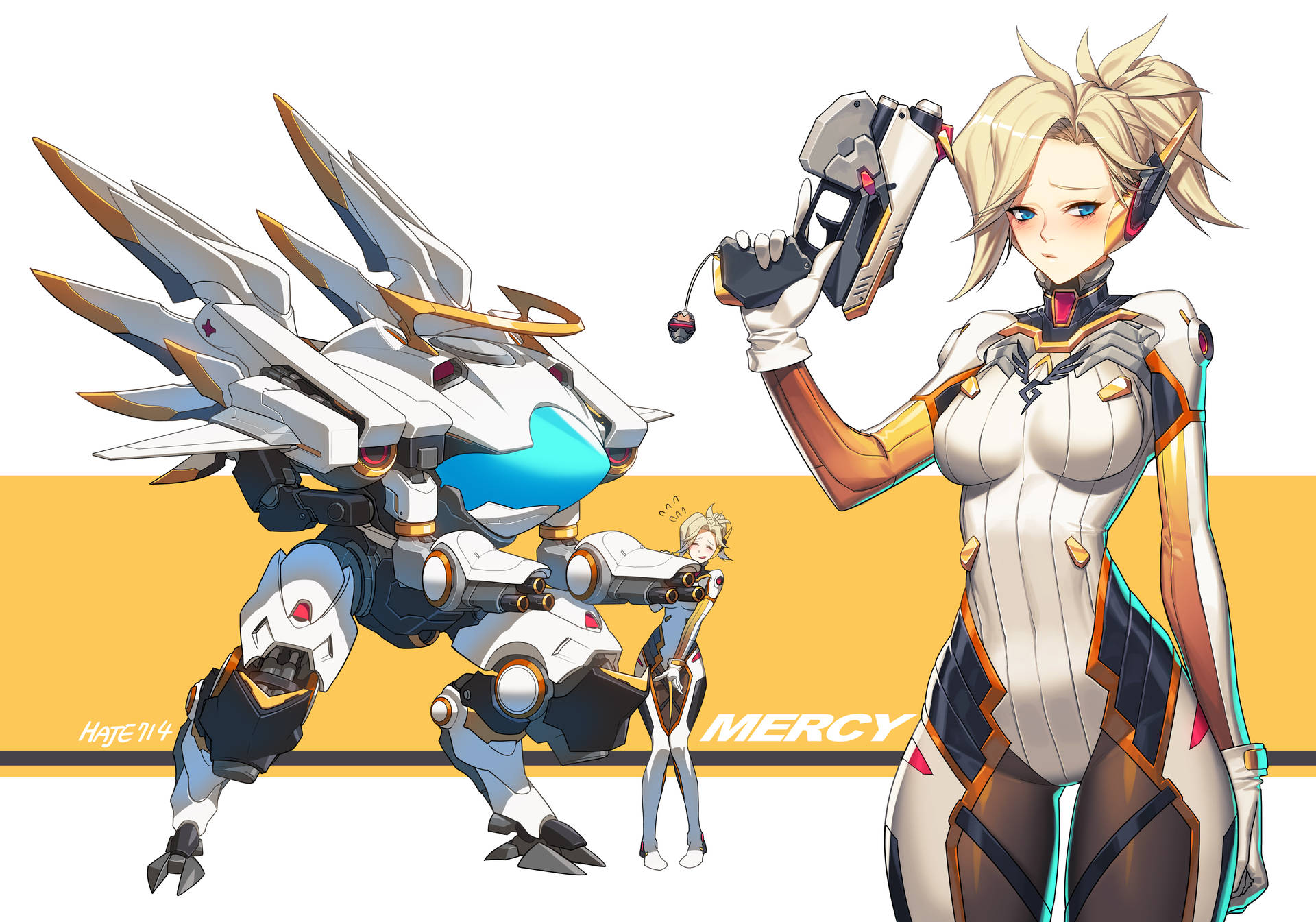 動漫角色 Mercy 與機甲，背景有一個小人物。