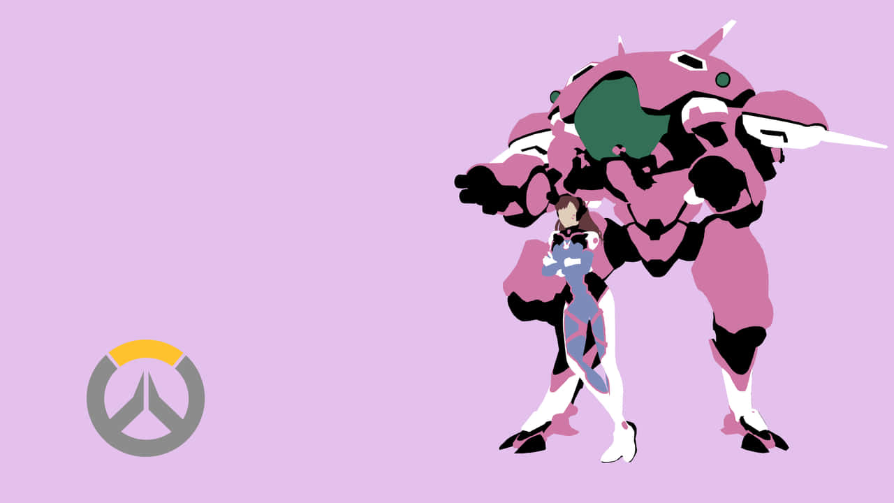 Overwatch駕駛員在粉紅色機甲中，背景為薰衣草色