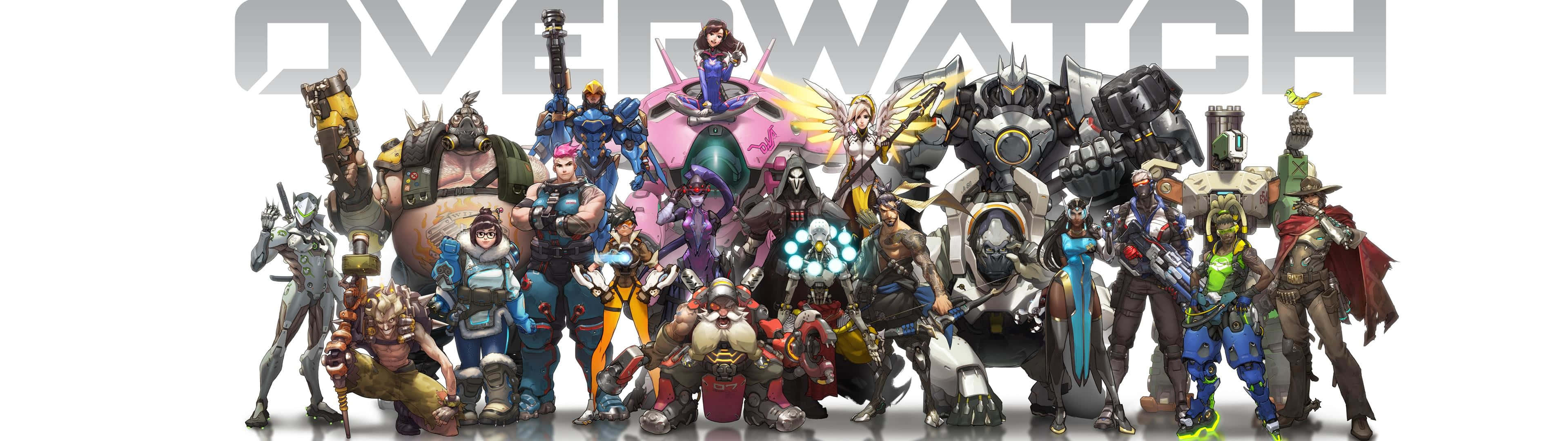 Overwatch 過載雙螢幕壁紙 壁紙 — 一群充滿活力的《鬥陣特攻》英雄，以動感姿勢展現發光武器和色彩繽紛的盔甲，背景為白色。