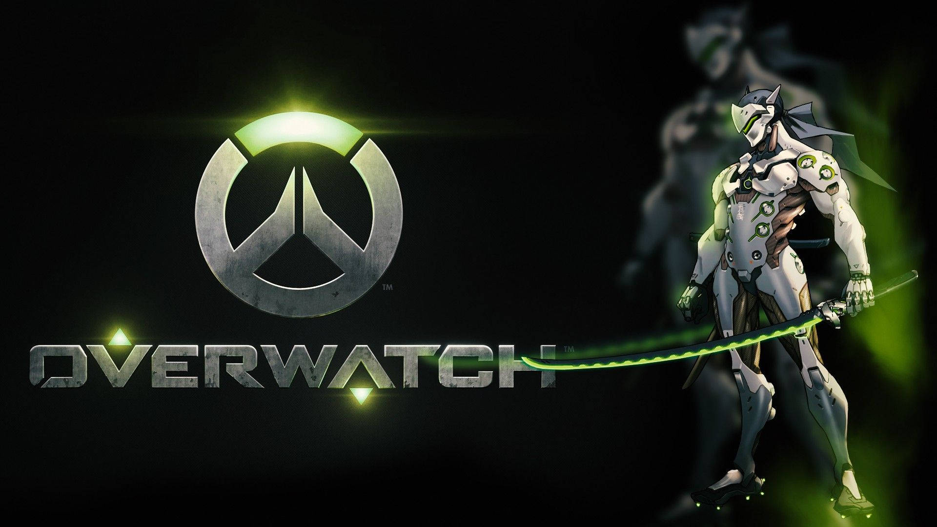 Overwatch角色手持發光綠色劍，旁邊是遊戲標誌