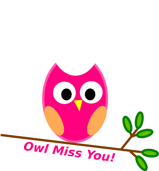 貓頭鷹「Owl Miss You!」告別圖案 壁紙 — 一隻亮粉紅色卡通貓頭鷹，頭上頂著一個白色雞蛋，棲息在帶有綠葉的樹枝上，並有文字「Owl Miss You!」