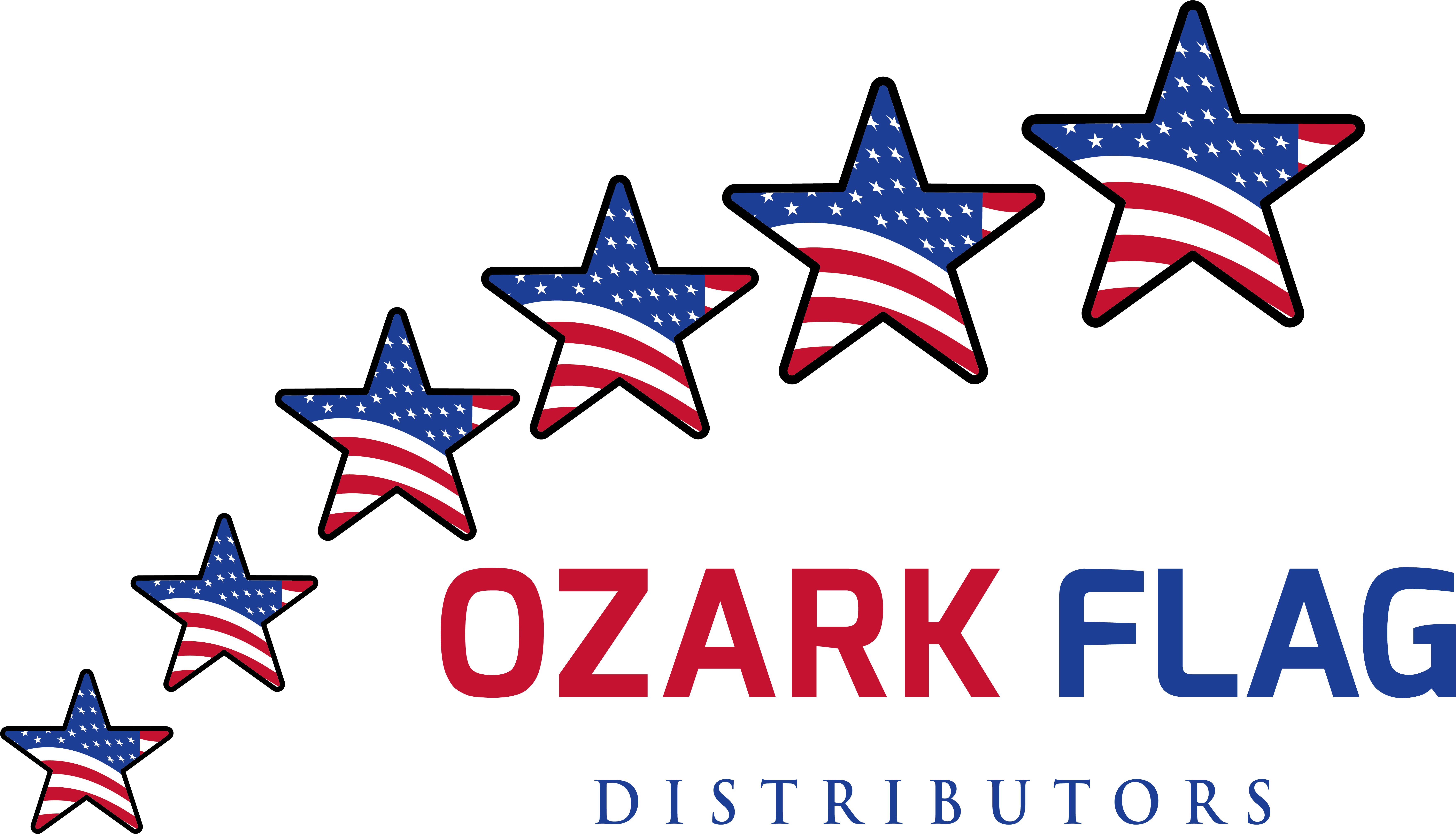 Ozark Flag Distributors 標誌 壁紙 — 五顆美國國旗星星在黑色背景上，斜向排列在粗體紅藍文字「Ozark Flag Distributors」上方。