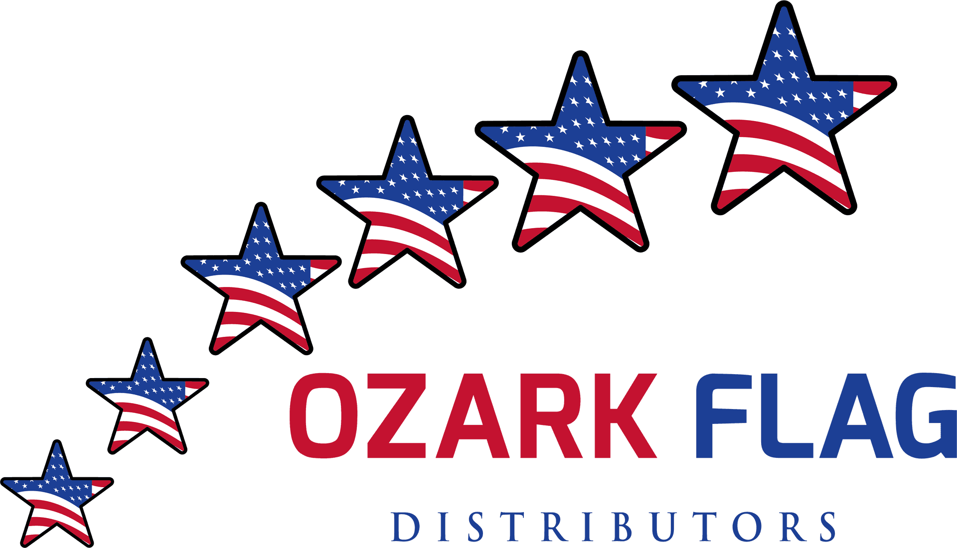 Ozark Flag Distributors 標誌 壁紙 — 五顆美國國旗星星在黑色背景上，斜向排列在粗體紅藍文字「Ozark Flag Distributors」上方。