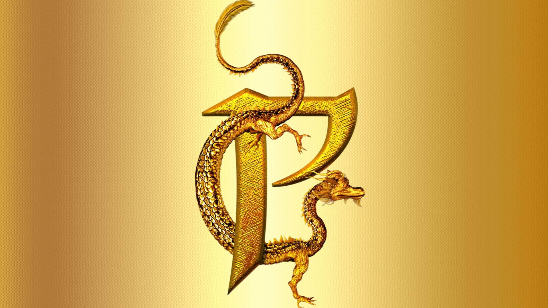 字母P與龍 壁紙 — 一條金色龍 intricately 編織在一個風格化的字母D周圍，背景是閃耀的金色漸變。