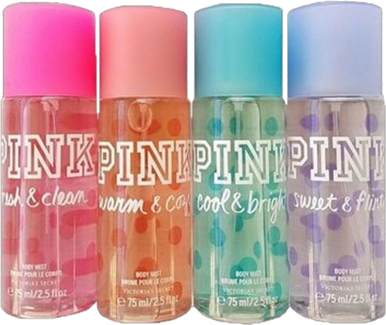維多利亞的秘密 P I N K 身體噴霧系列 壁紙 — 四款色彩繽紛的Victoria's Secret Pink身體噴霧，有粉紅色、橙色、藍綠色和薰衣草色，帶有圓點圖案和香味名稱。