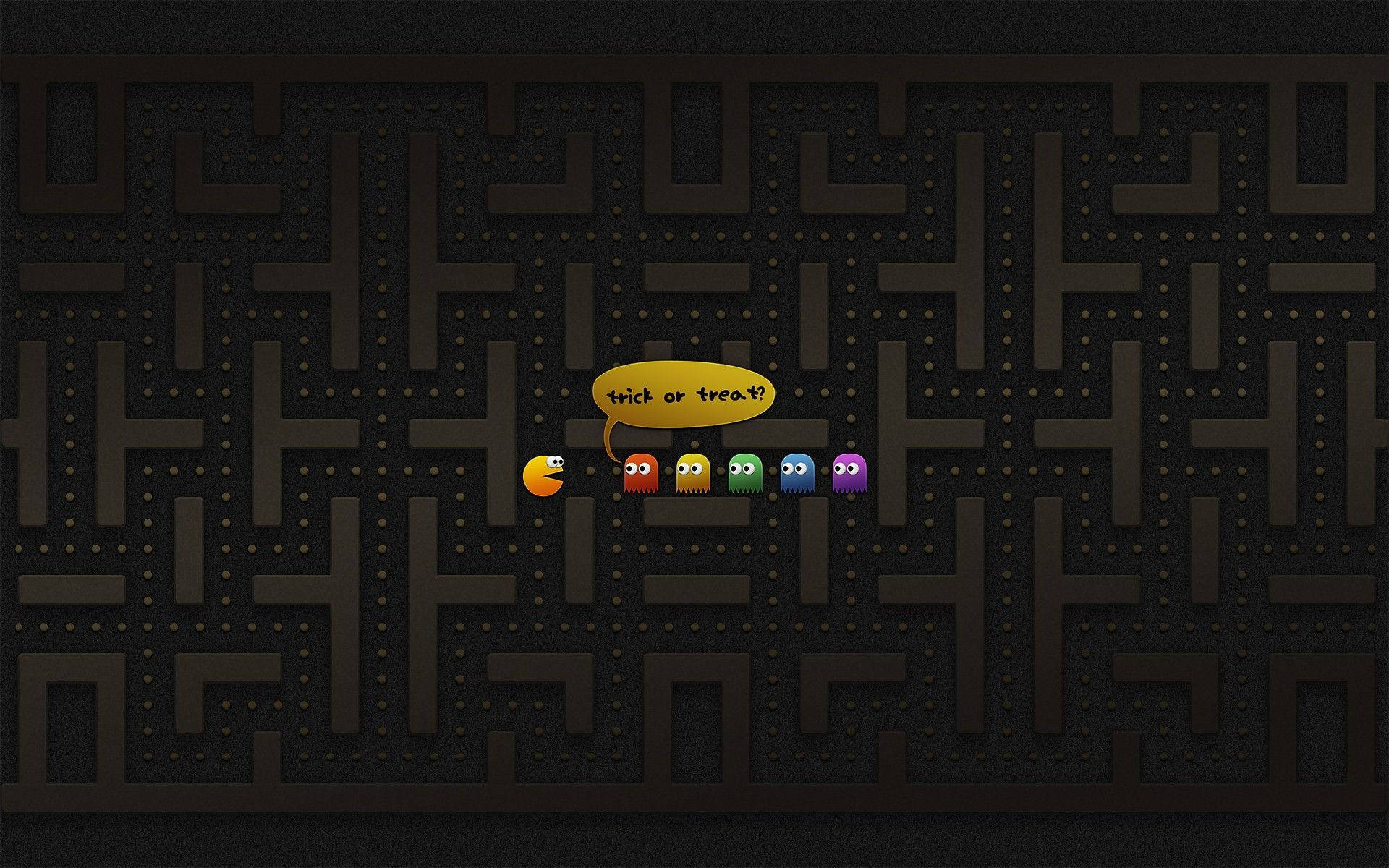 萬聖節 桌布 壁紙 — Pac-Man 同色彩繽紛嘅鬼魂企喺黑暗迷宮入面，有個『trick or treat?』嘅對話氣泡。
