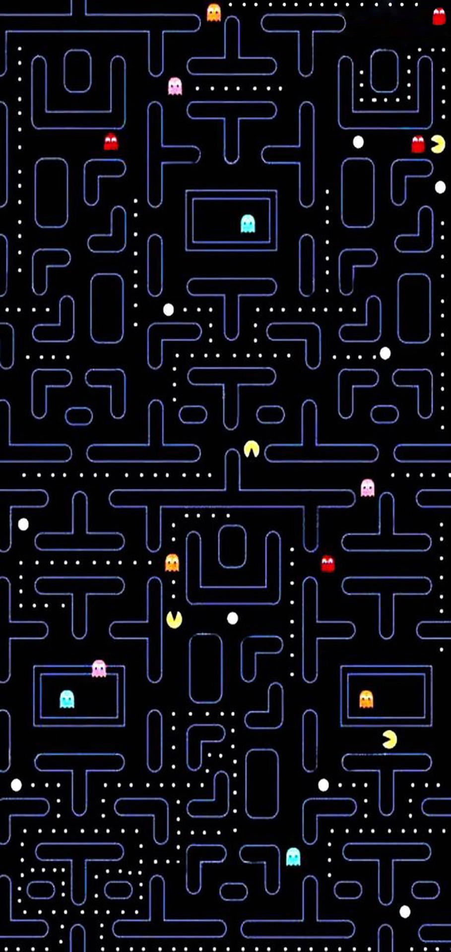 Pacman 遊戲迷宮，帶有鬼魂和點，黑色背景。