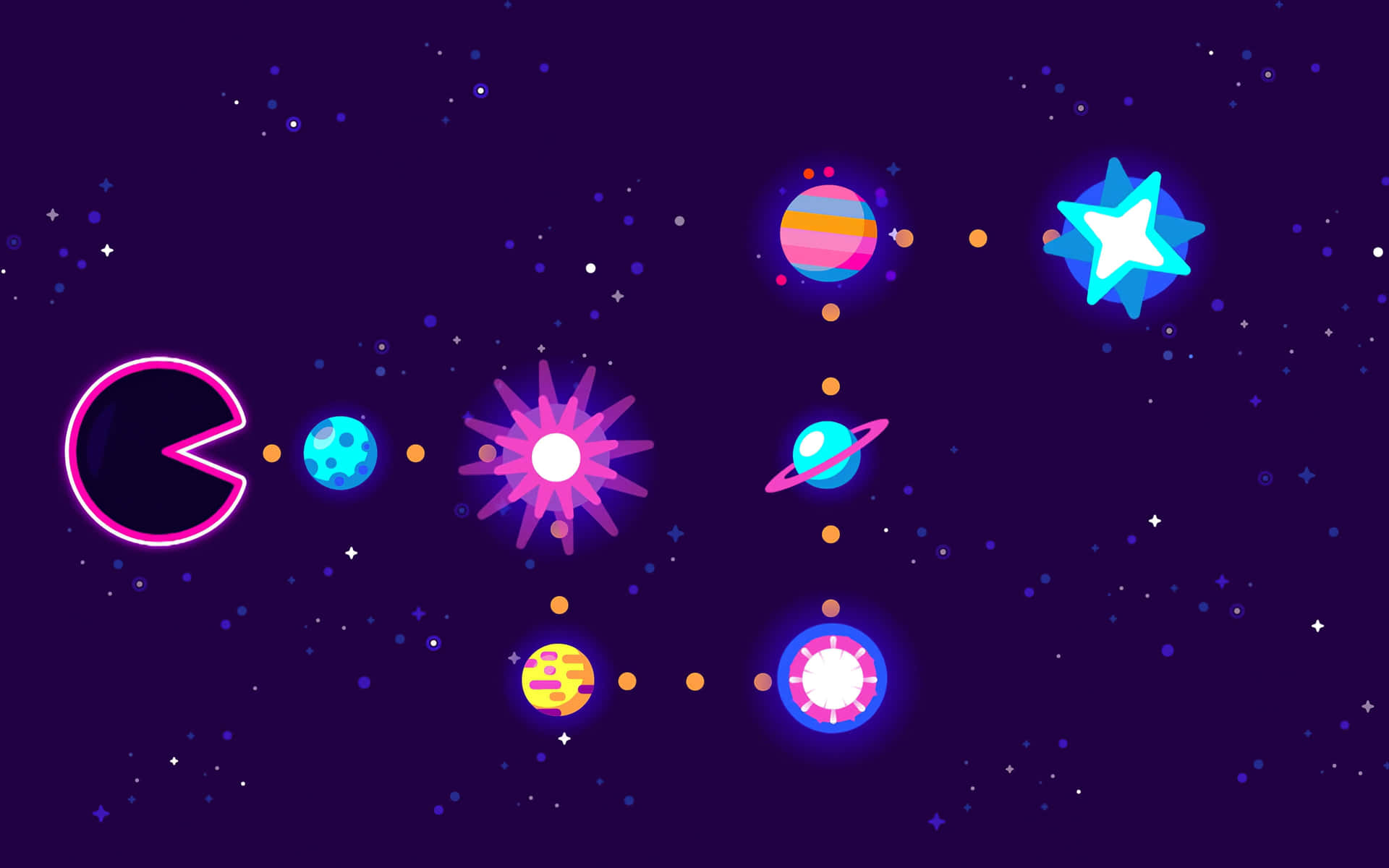 Pac-Man 探索一個充滿行星和星星的彩色星系。