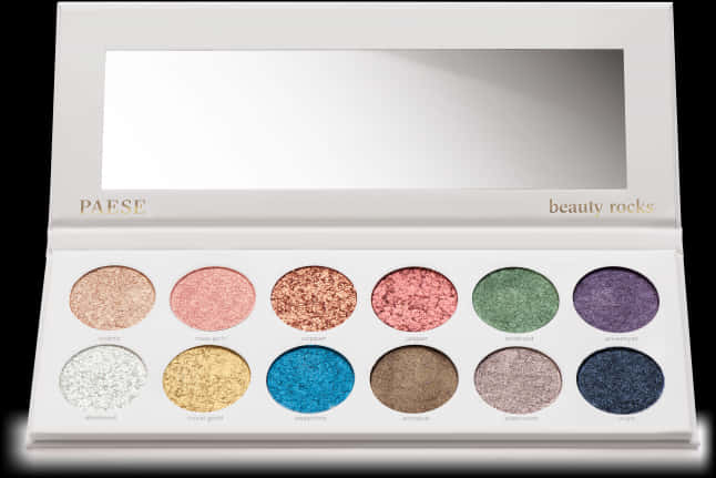 彩色眼影盤 PAESE Beauty Rocks 壁紙 — 一個白色打開的眼影盤，帶有十個閃粉彩色小盤和鏡面蓋，背景為黑色。