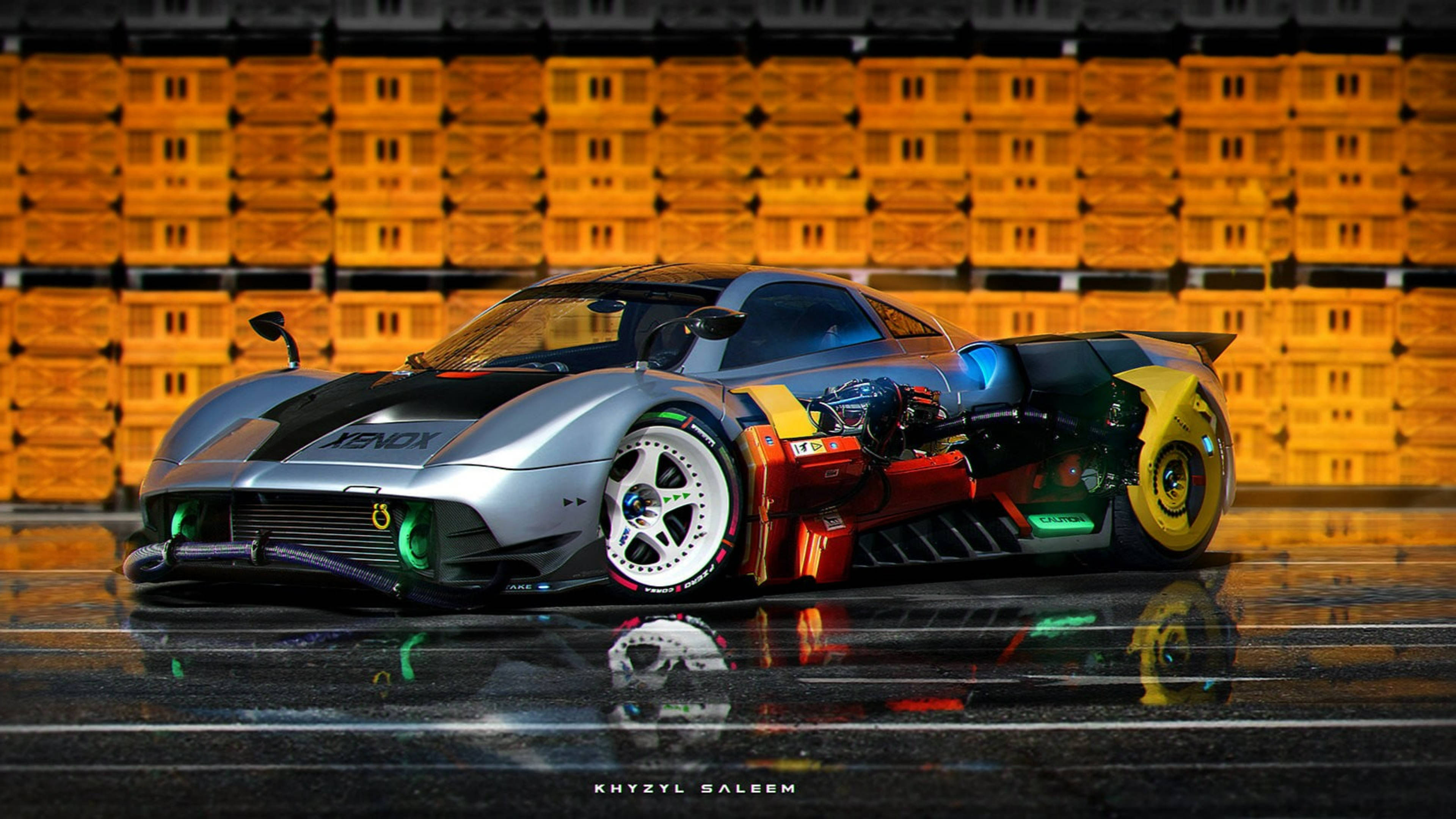 Pagani Huayra Khyzyl Saleem 藝術概念圖 壁紙 — 一架流線型銀黑色賽車，外露引擎和霓虹燈點綴，停在潮濕的賽道上，將鮮豔色彩反射在堆疊的木箱上。