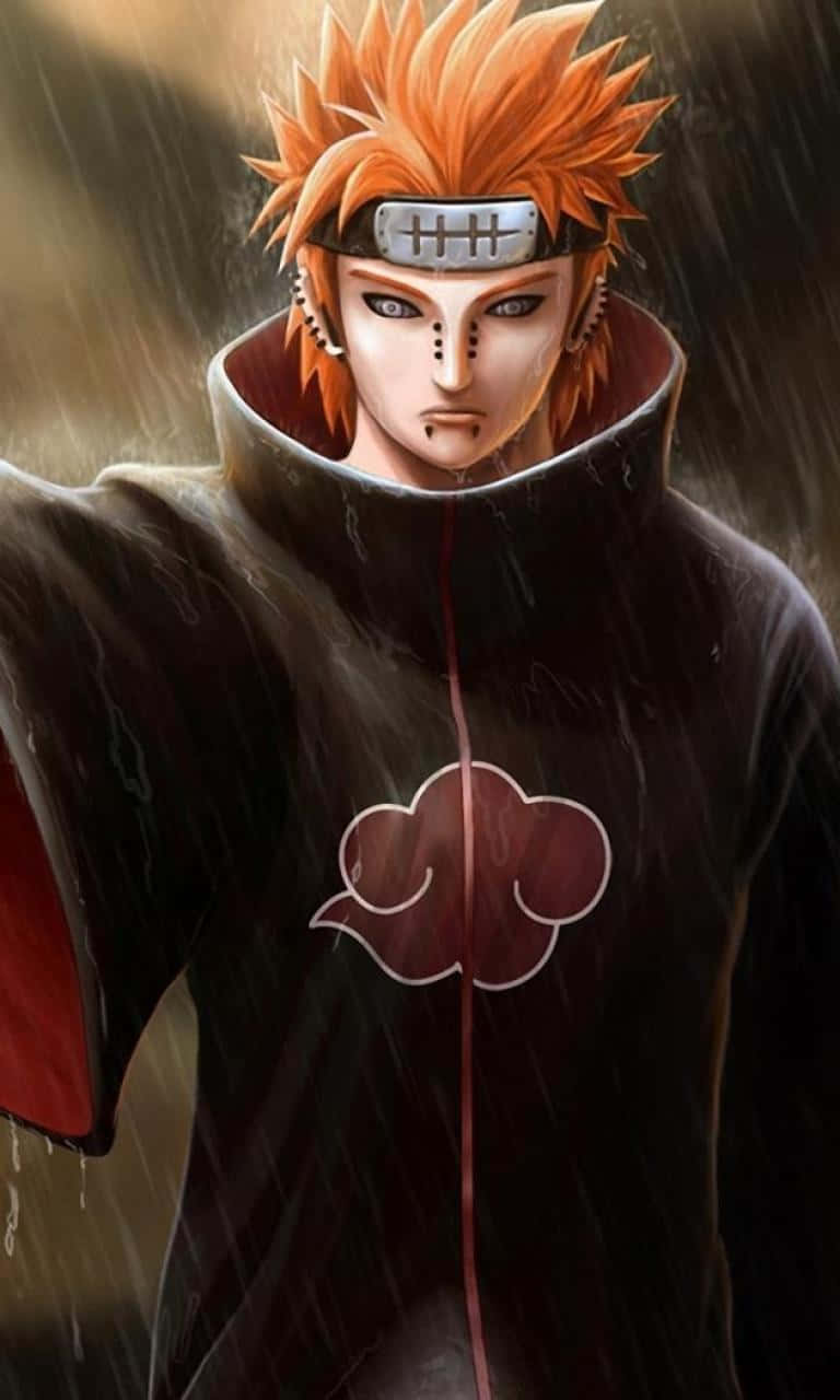 Pain Akatsuki 數位繪畫 壁紙 — 一個堅定的動漫角色，擁有尖刺的橙色頭髮和深色斗篷上的紅色雲朵標誌，站在大雨中。
